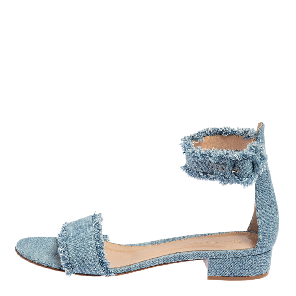 

Gianvito Rossi Blue Frayed Denim Lola Ankle Strap Flats Size