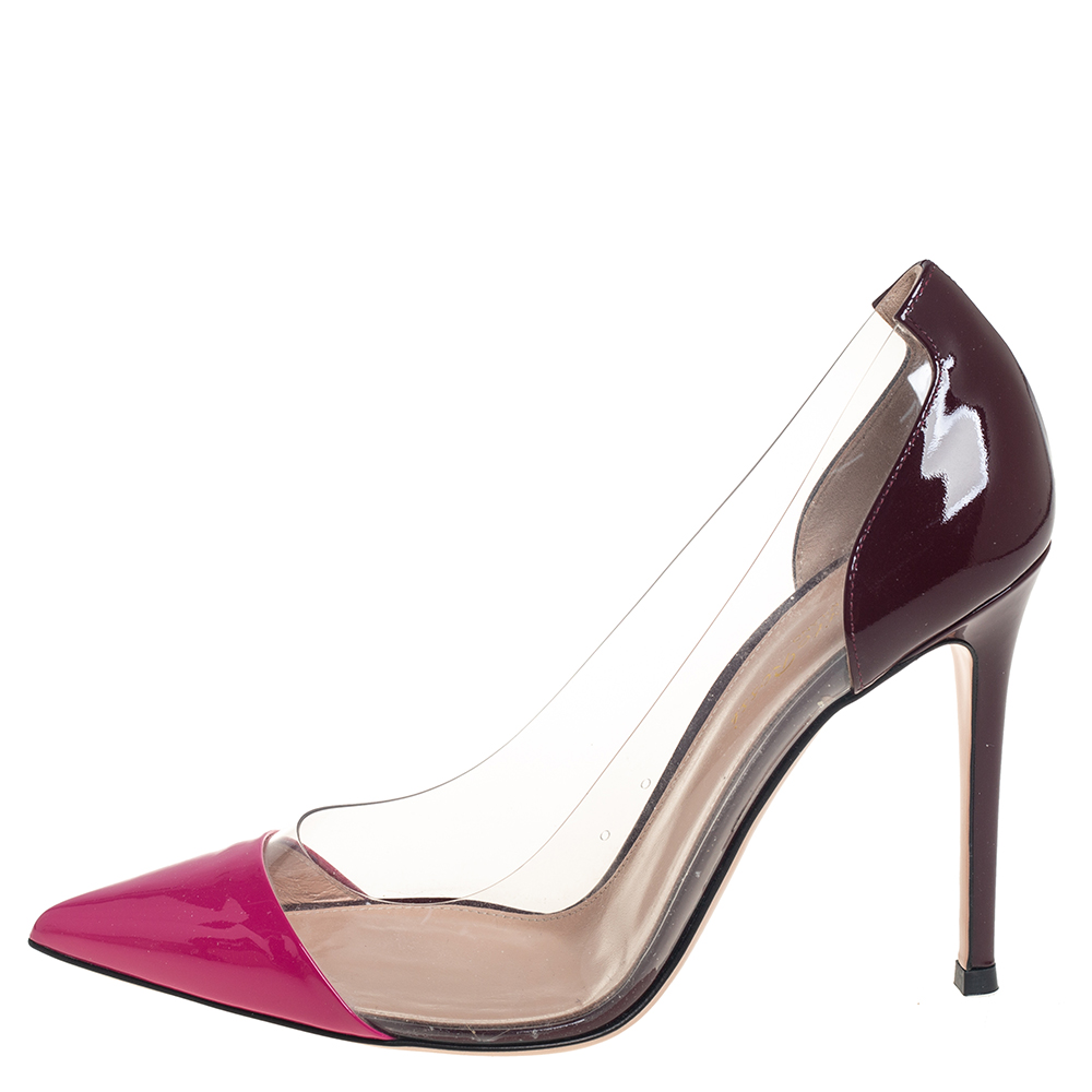 

Gianvito Rossi Pink/Burgundy Patent Leather And PVC Plexi Pointed Toe Pumps Size