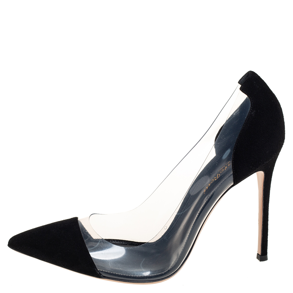 

Gianvito Rossi Black Suede And PVC Plexi Pointed Toe Pumps Size