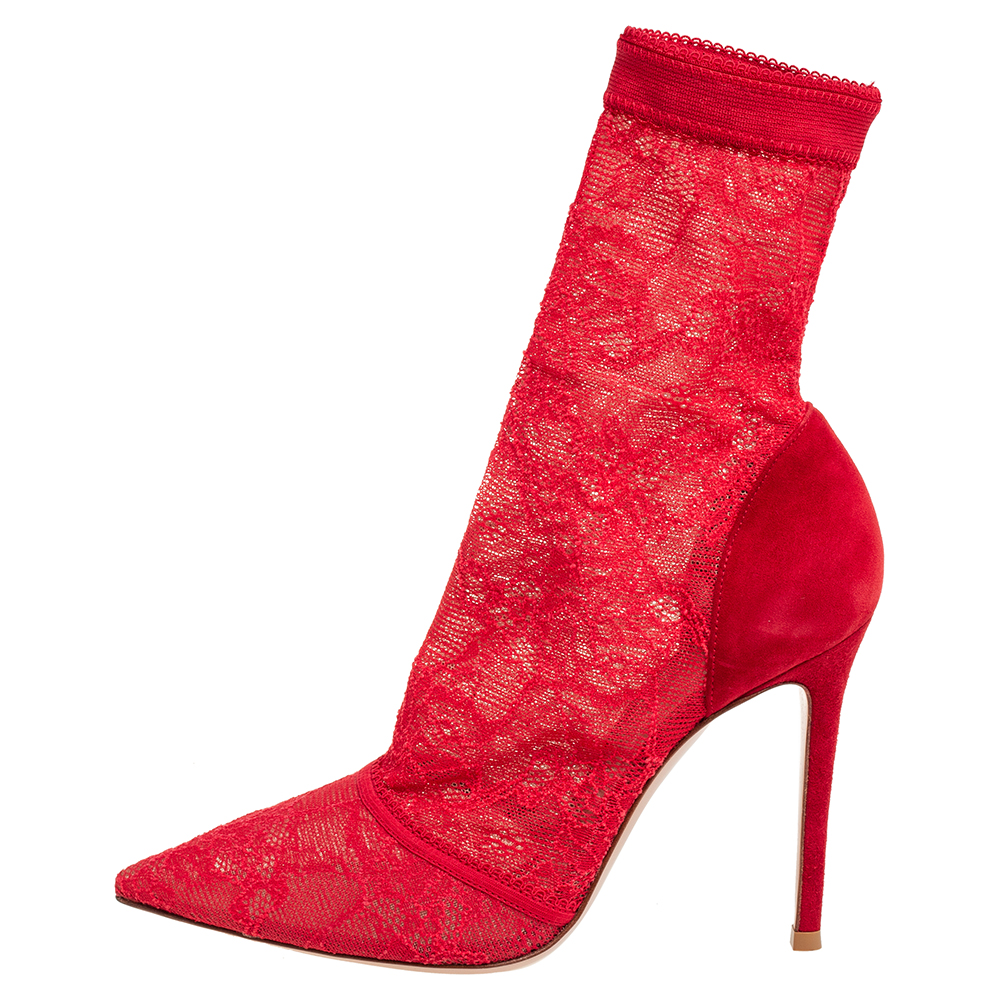 

Gianvito Rossi Red Lace And Suede Pointed Toe Booties Size