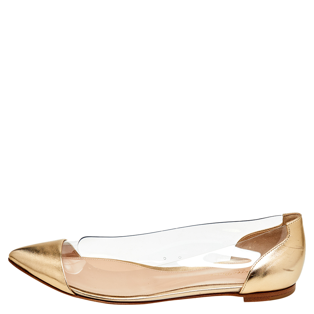 

Gianvito Rossi Gold Leather And PVC Plexi Pointed Toe Ballet Flats Size