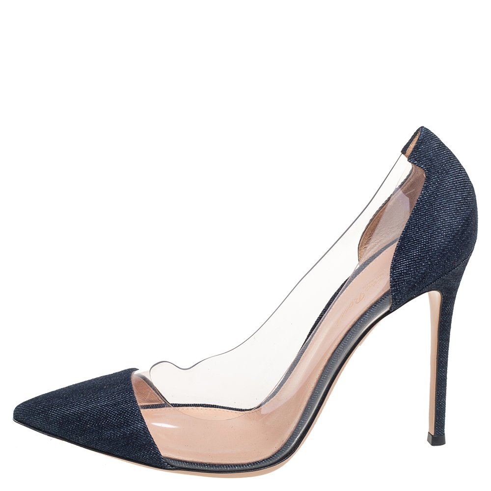 

Gianvito Rossi Navy Blue Denim And PVC Plexi Pointed Toe Pumps Size