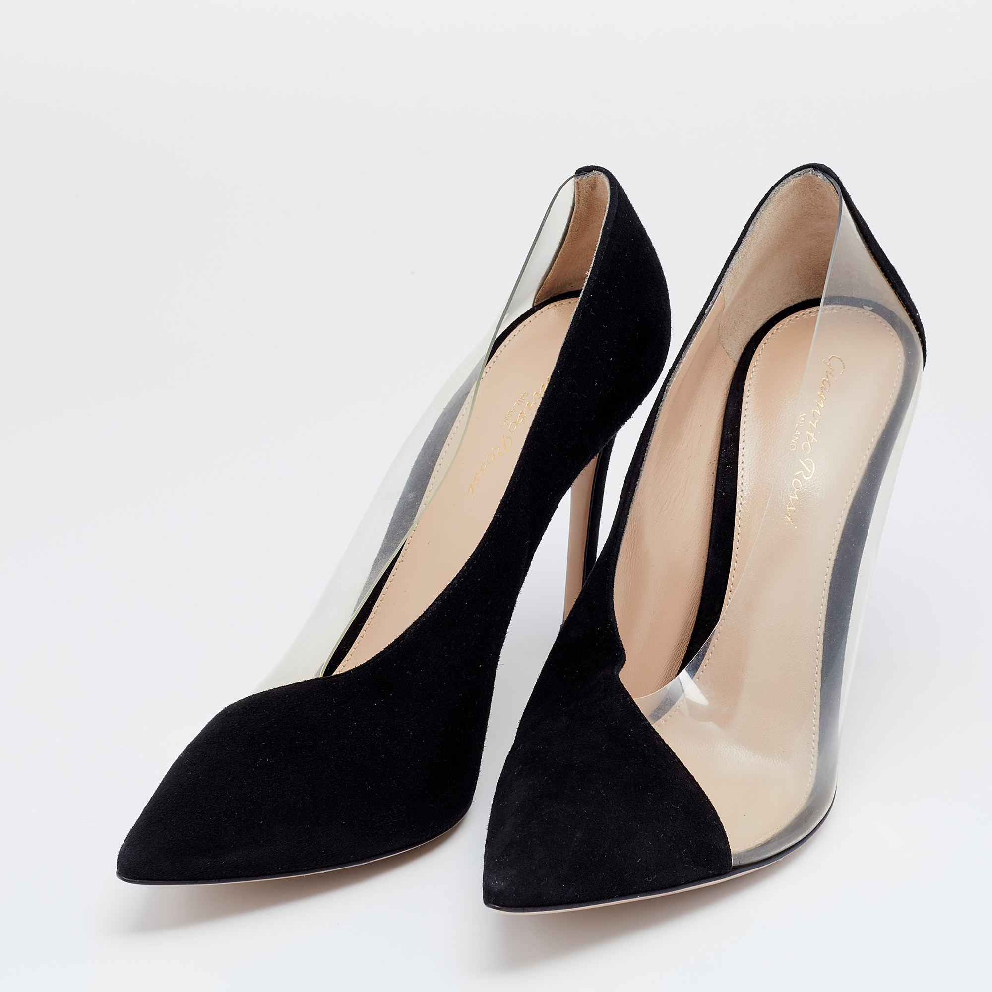 

Gianvito Rossi Black Suede And PVC Plexi Pointed Toe Pumps Size