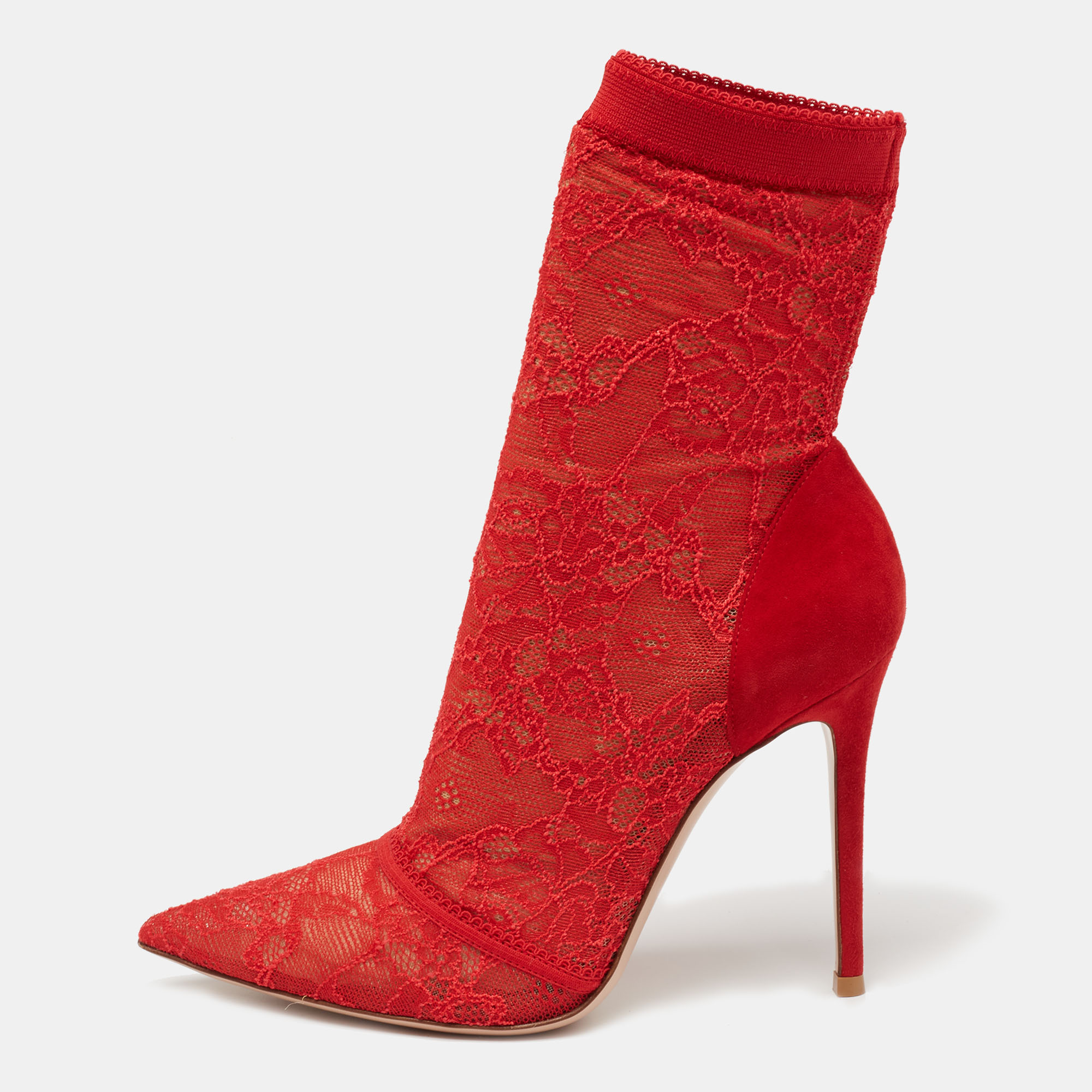 

Gianvito Rossi Red Lace And Suede Pointed Ankle Booties Size