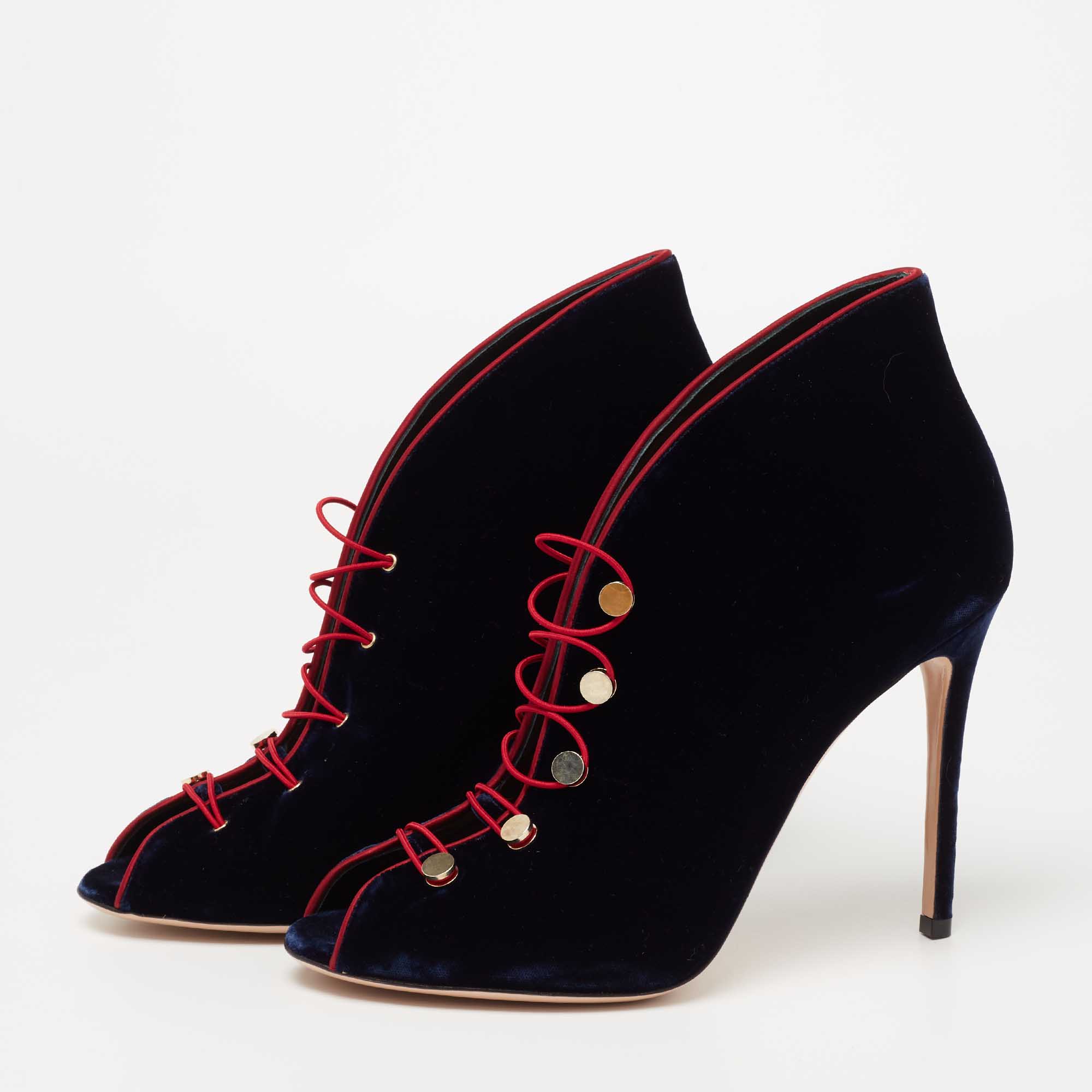 

Gianvito Rossi Navy Blue Velvet Miral Peep-Toe Booties Size