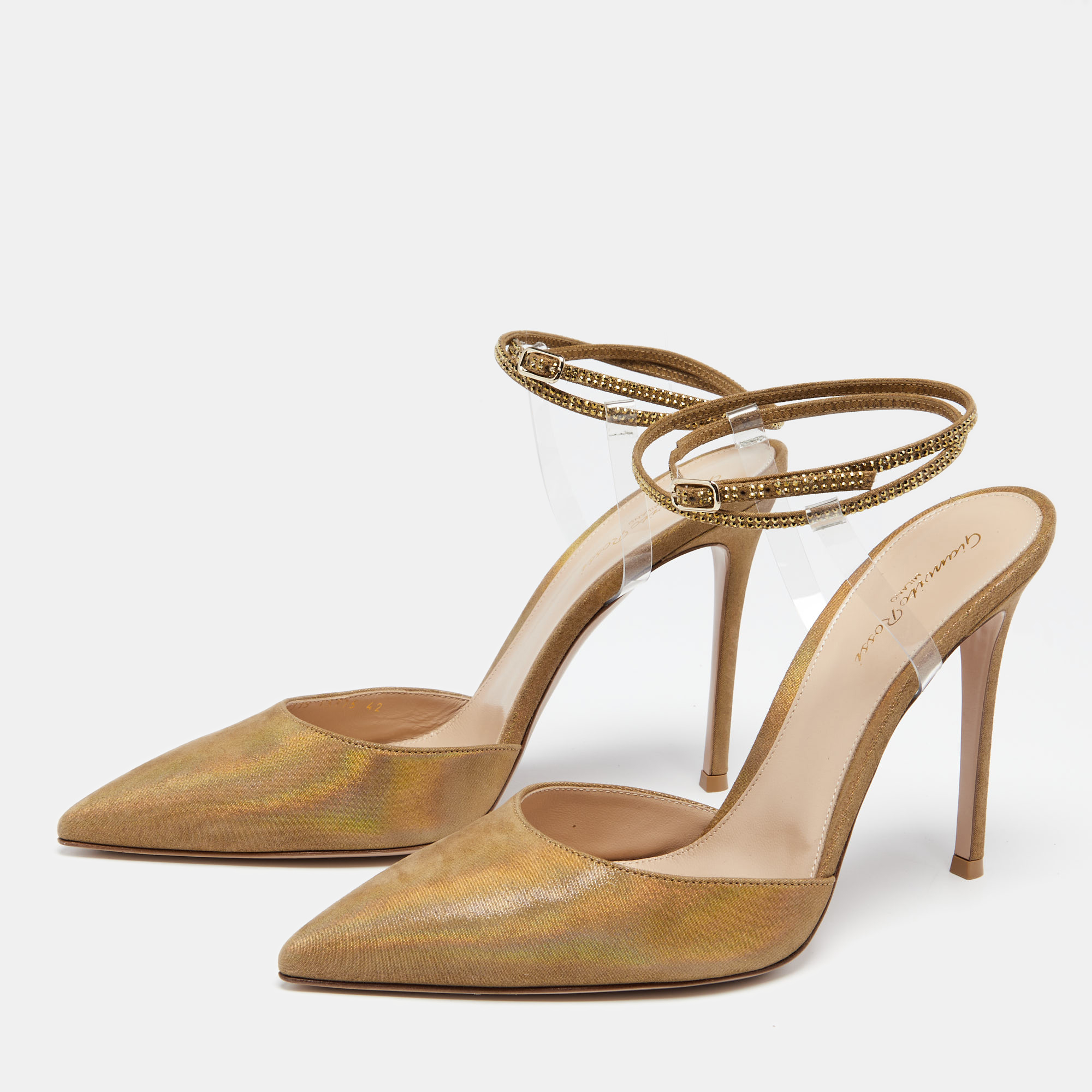 

Gianvito Rossi Metallic Gold Glitter Nubuck Leather And PVC Jewel Crystal Embellished Ankle Strap Sandals Size