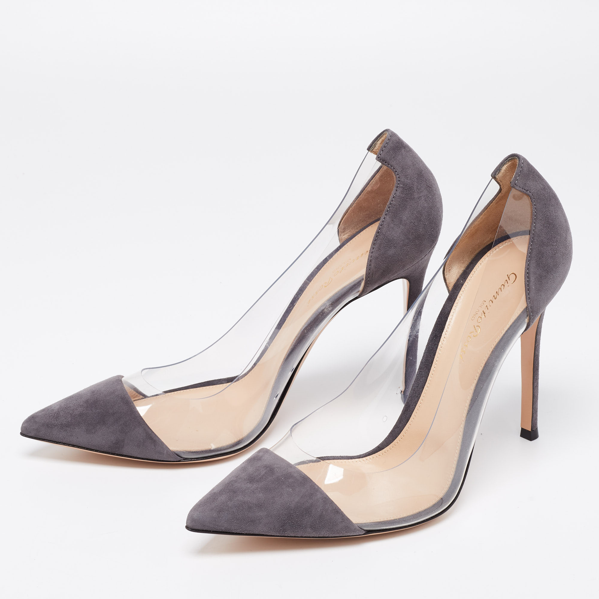 

Gianvito Rossi Grey Suede and PVC Plexi Pumps Size