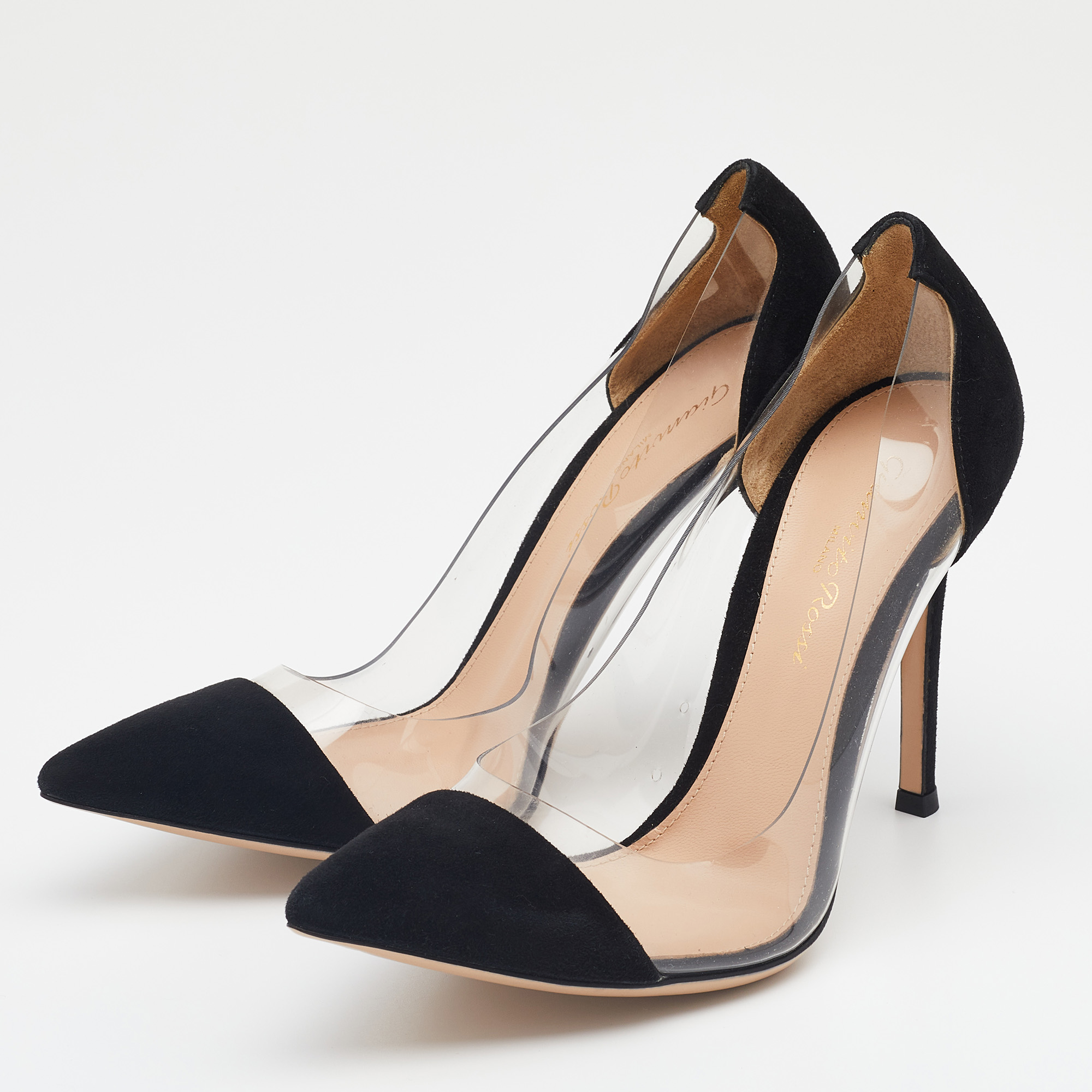

Gianvito Rossi Black Suede And PVC Plexi Pointed Toe Pumps Size