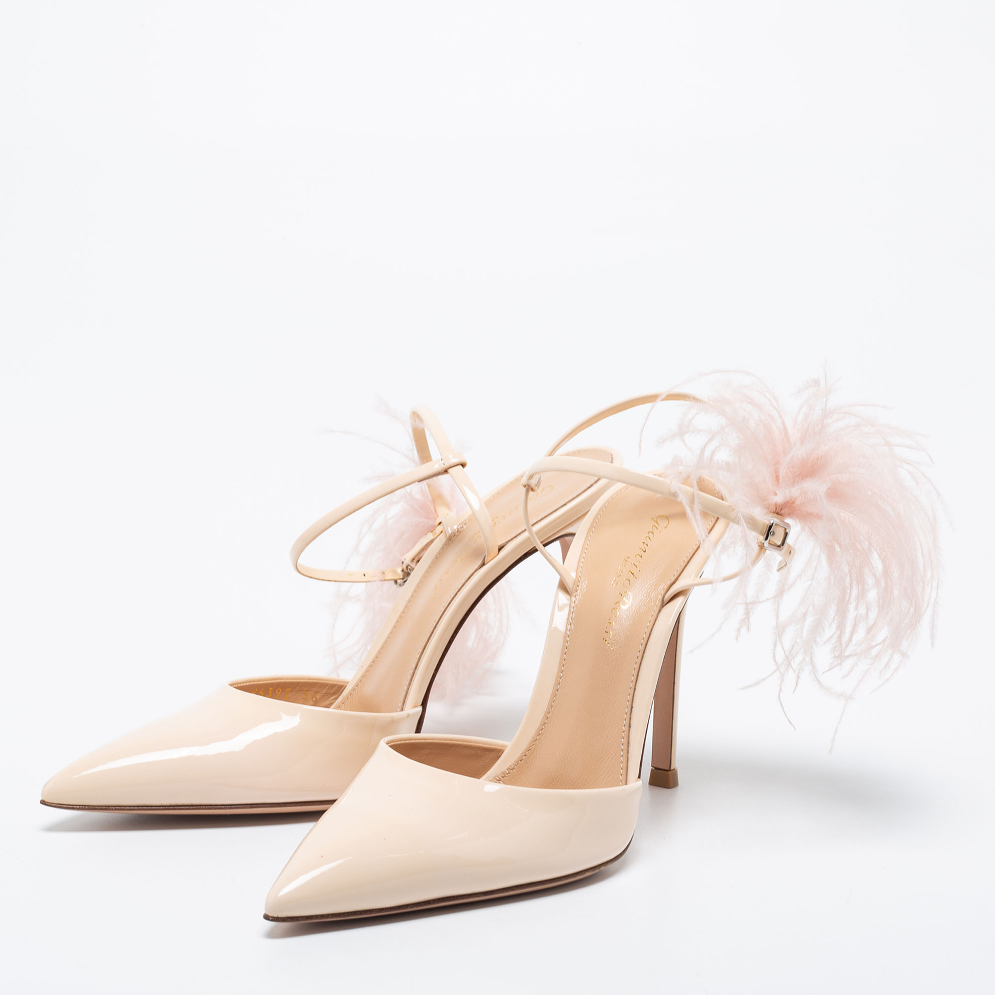 

Gianvito Rossi Beige Patent Leather Simmone Feather Ankle Strap Pumps Size