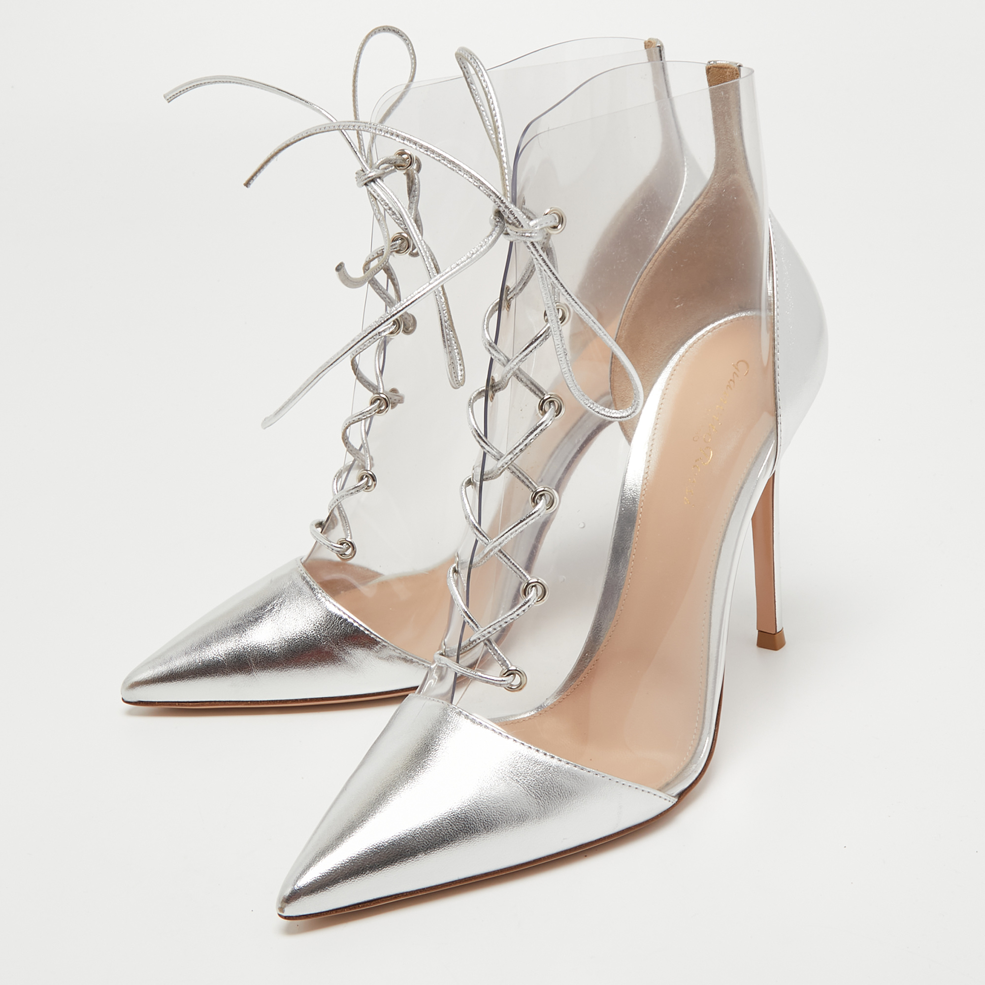 

Gianvito Rossi Transparent PVC and Metallic Silver Leather Plexi Lace Ankle Boots Size