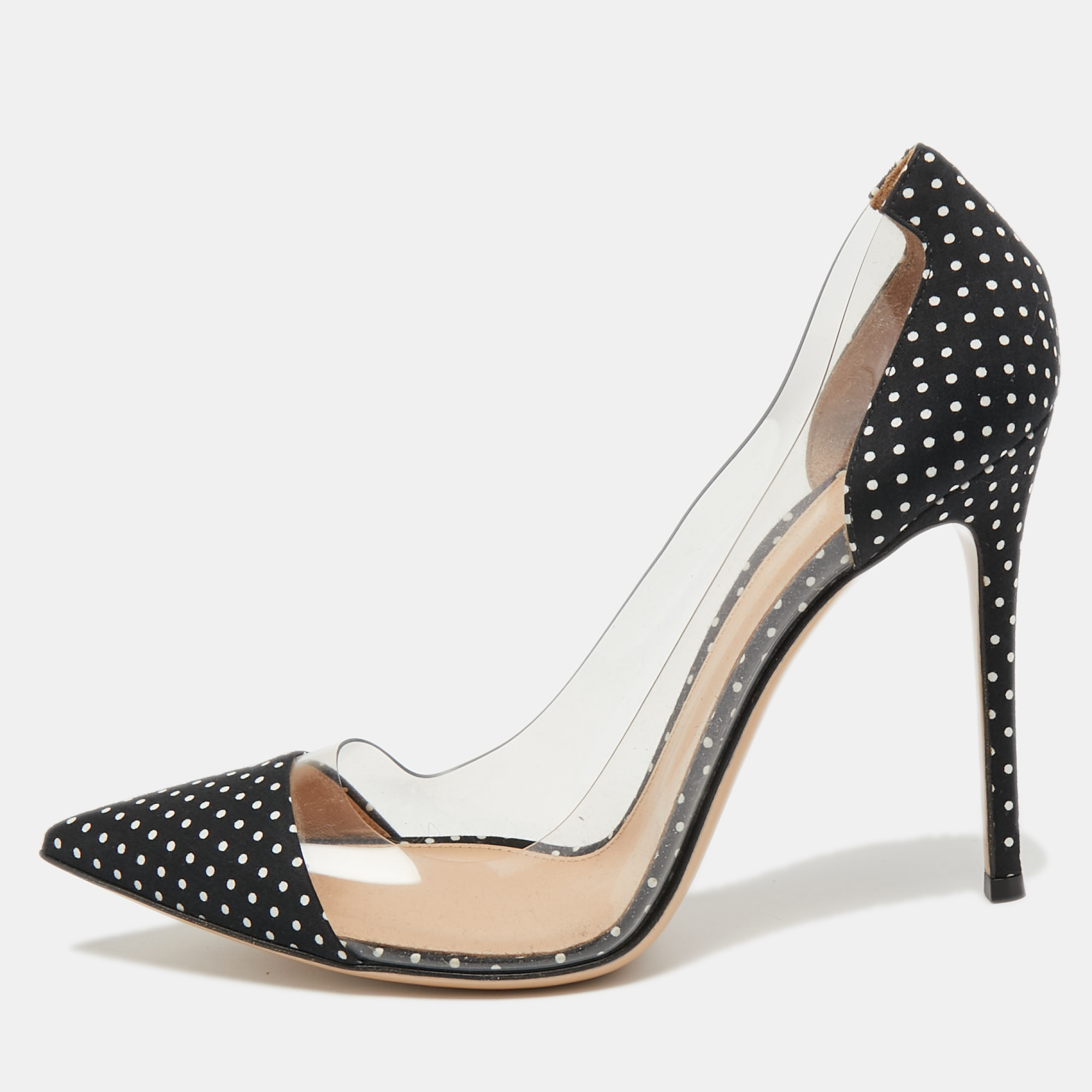 

Gianvito Rossi Black/White Polka Dot Fabric and PVC Plexi Pumps Size