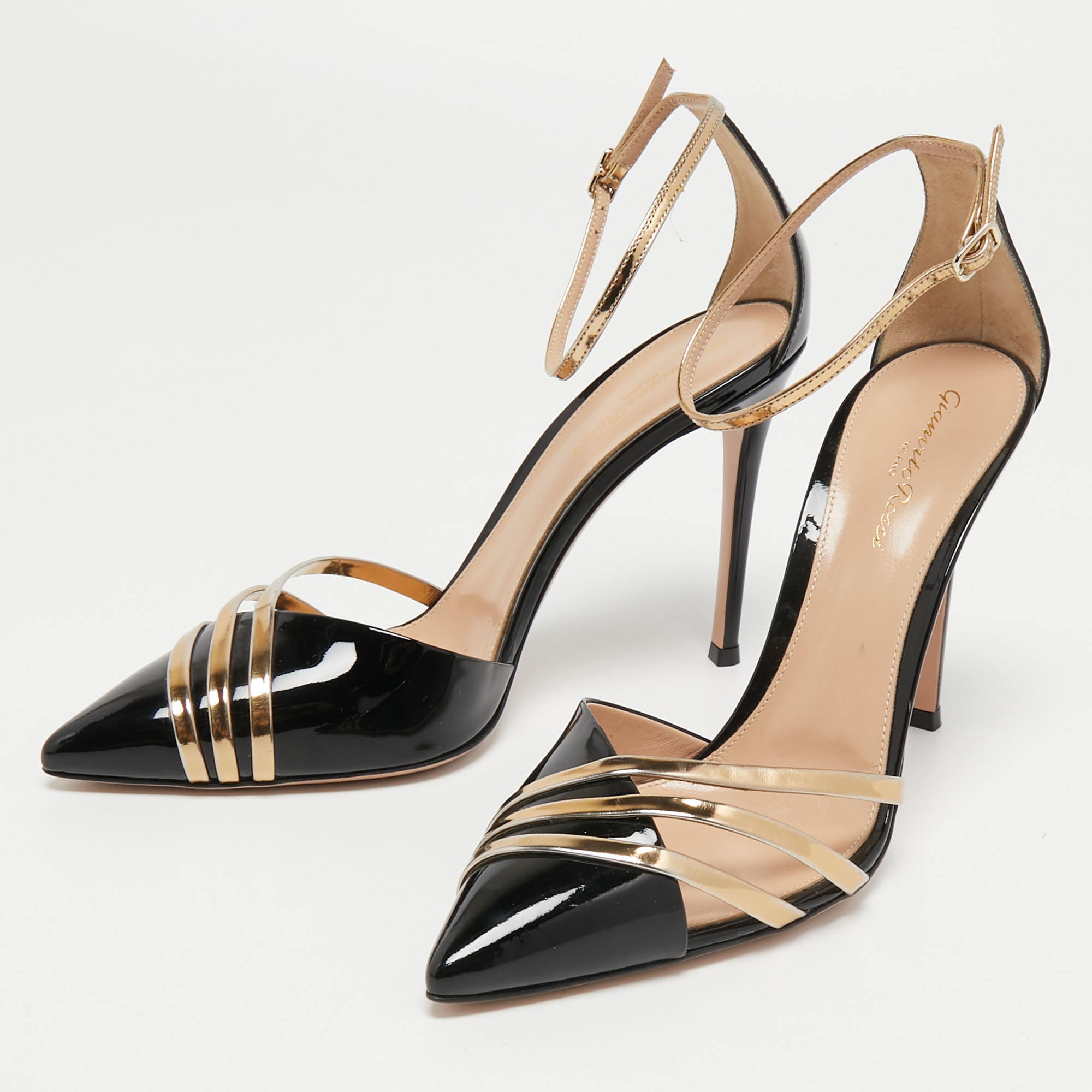 

Gianvito Rossi Black/Gold Patent Leather Ankle Strap Pumps Size