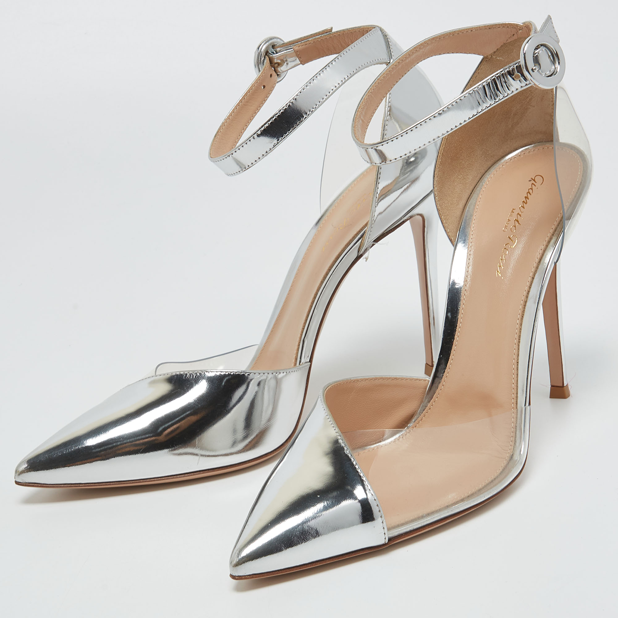 

Gianvito Rossi Silver Leather and PVC Ankle Strap Pumps Size