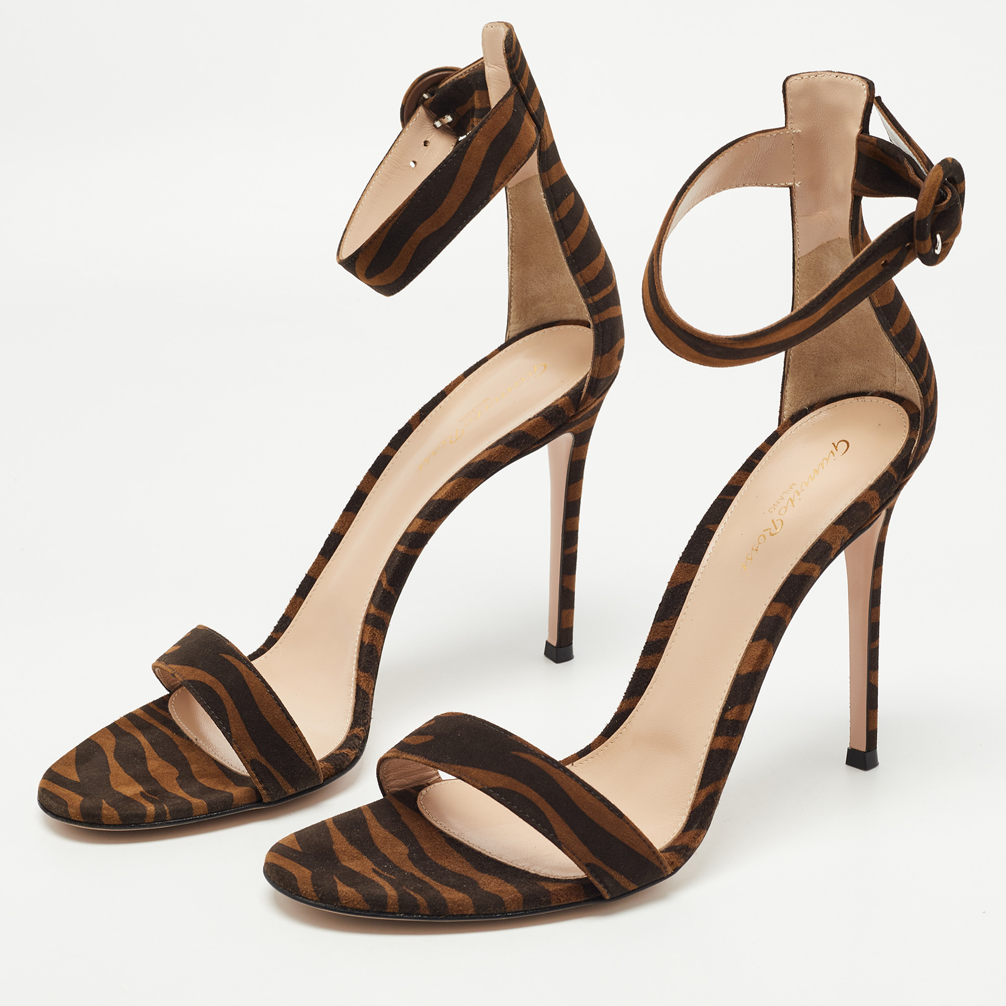 

Gianvito Rossi Brown Suede Zebra Print Portofino Ankle Strap Sandals Size