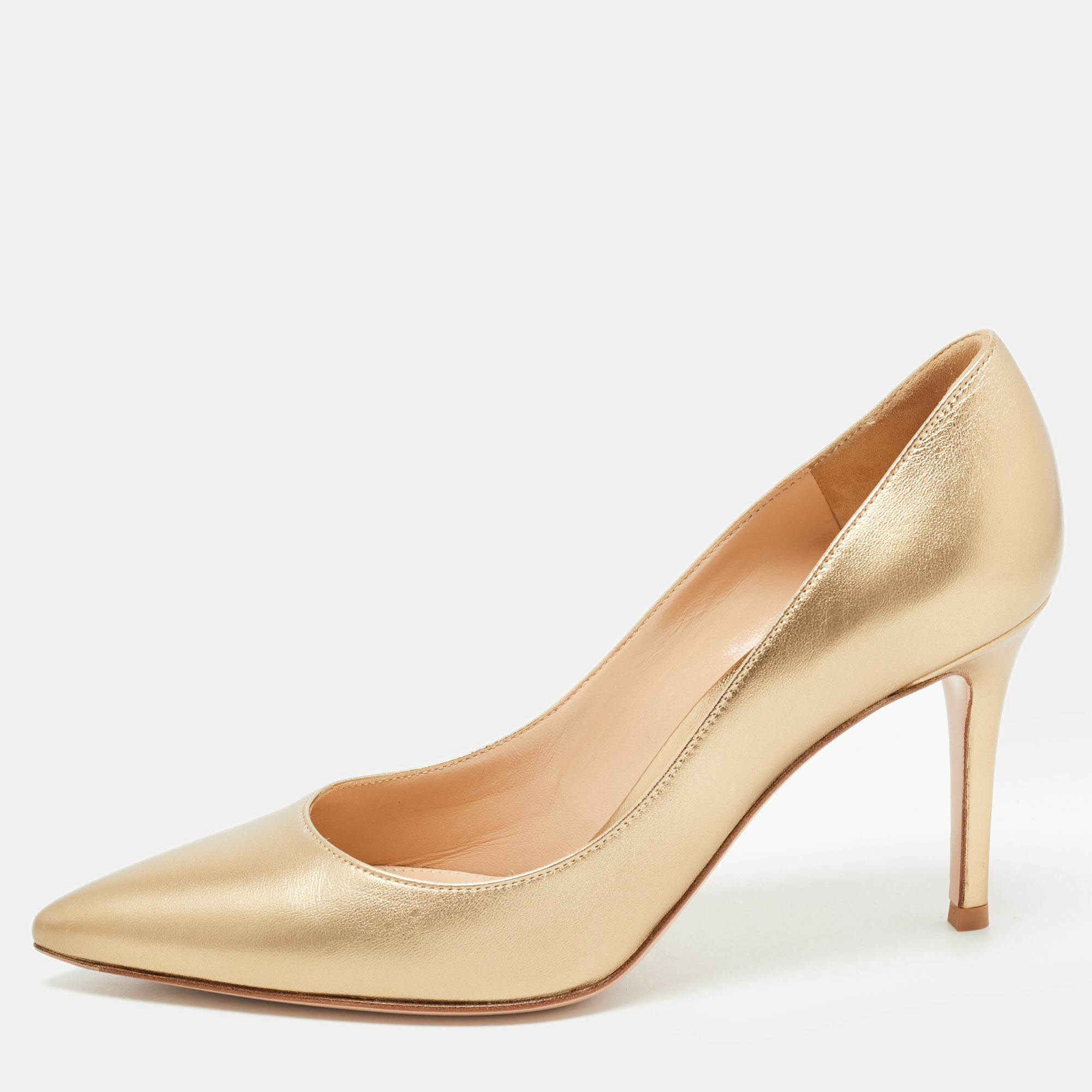 Pre Owned Gianvito Gold Leather Continuity Pointed Toe Pumps Size 37
