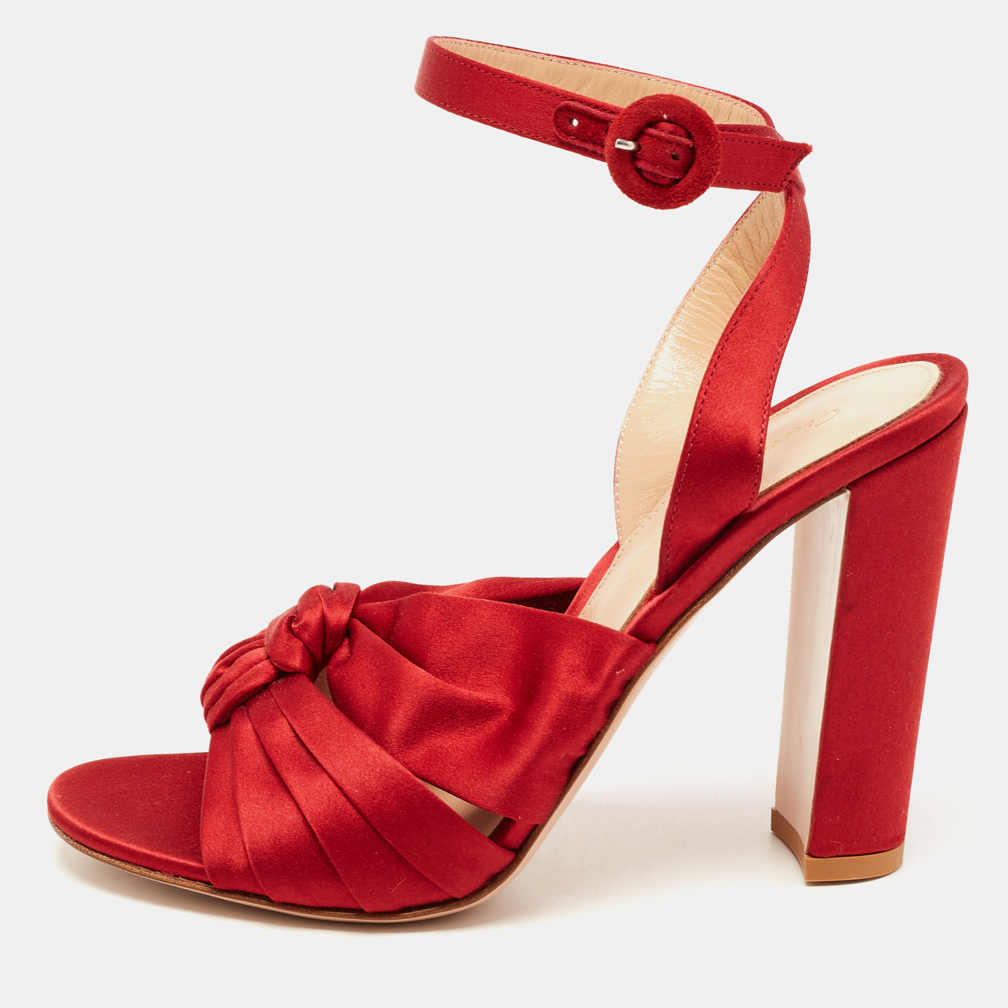 Pre-owned Gianvito Rossi Red Satin Knot Ankle Strap Sandals Size 37.5