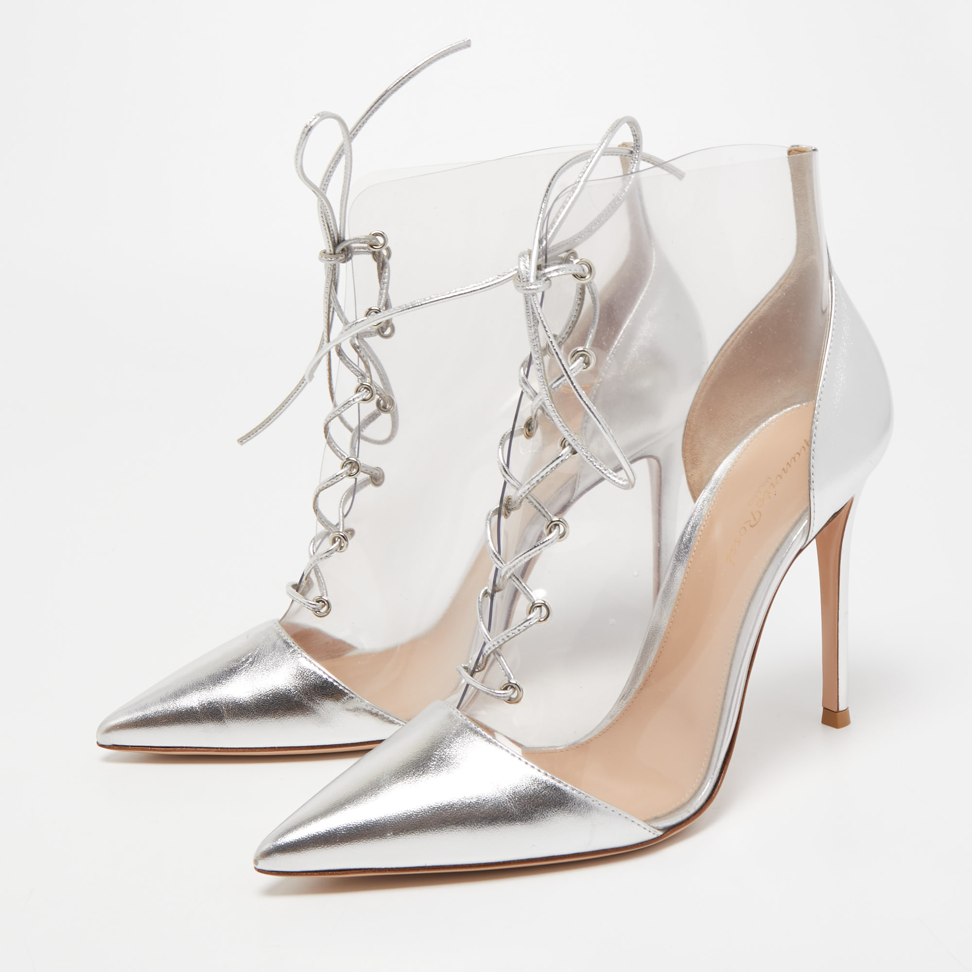 

Gianvito Rossi Transparent/Silver PVC and Foil Leather Plexi Lace-Up Ankle Booties Size