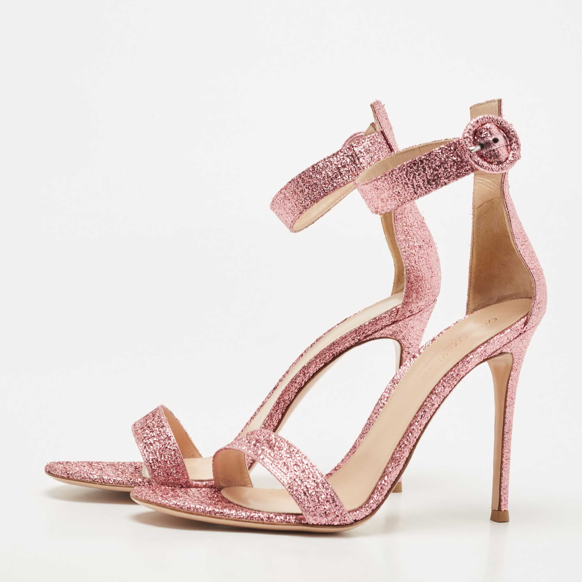 

Gianvito Rossi Pink Glitter Portofino Ankle Strap Sandals Size