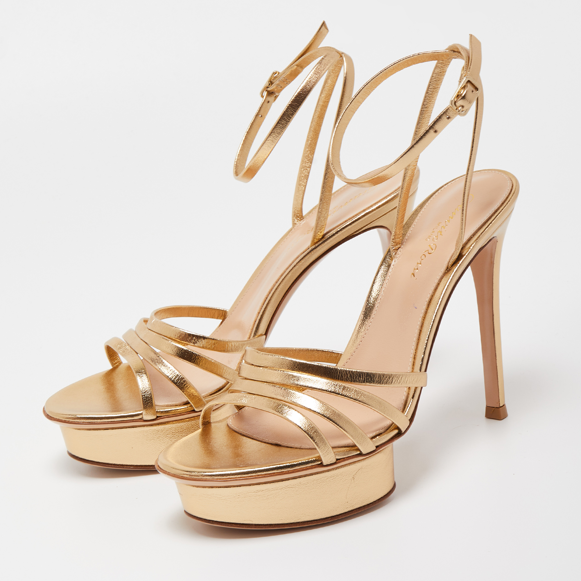 

Gianvito Rossi Gold Leather Strappy Platform Heels Sandals Size