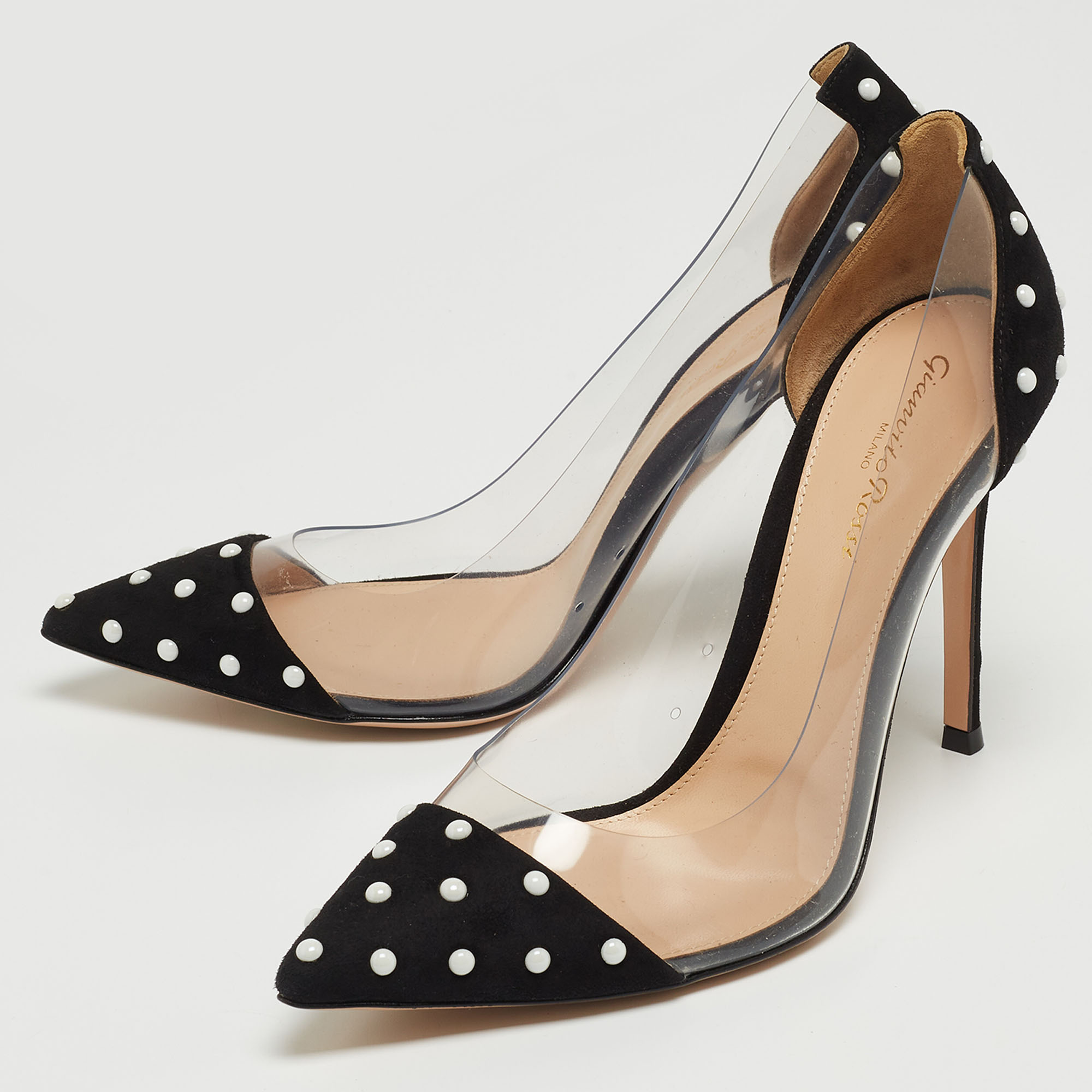 

Gianvito Rossi Black Studded Suede and PVC Plexi Pumps Size