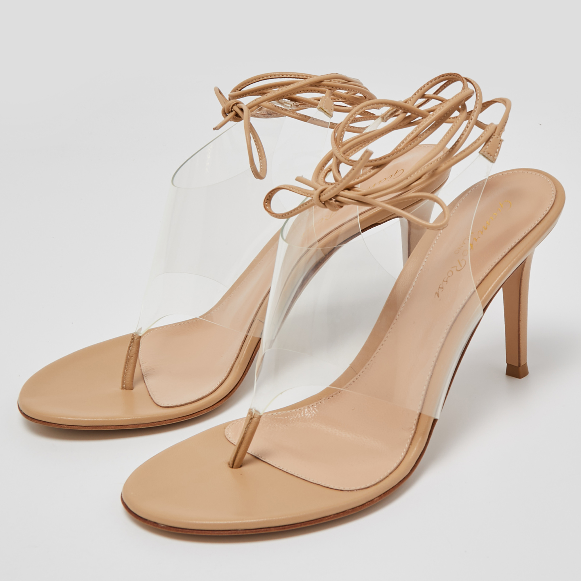 

Gianvito Rossi Beige Leather and PVC Ankle Wrap Sandals Size