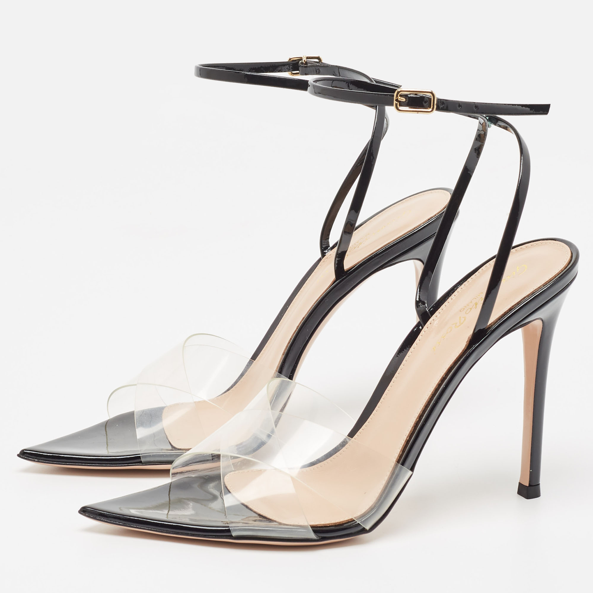 

Gianvito Rossi Black/Transparent PVC and Patent Crisscross Ankle Strap Sandals Size