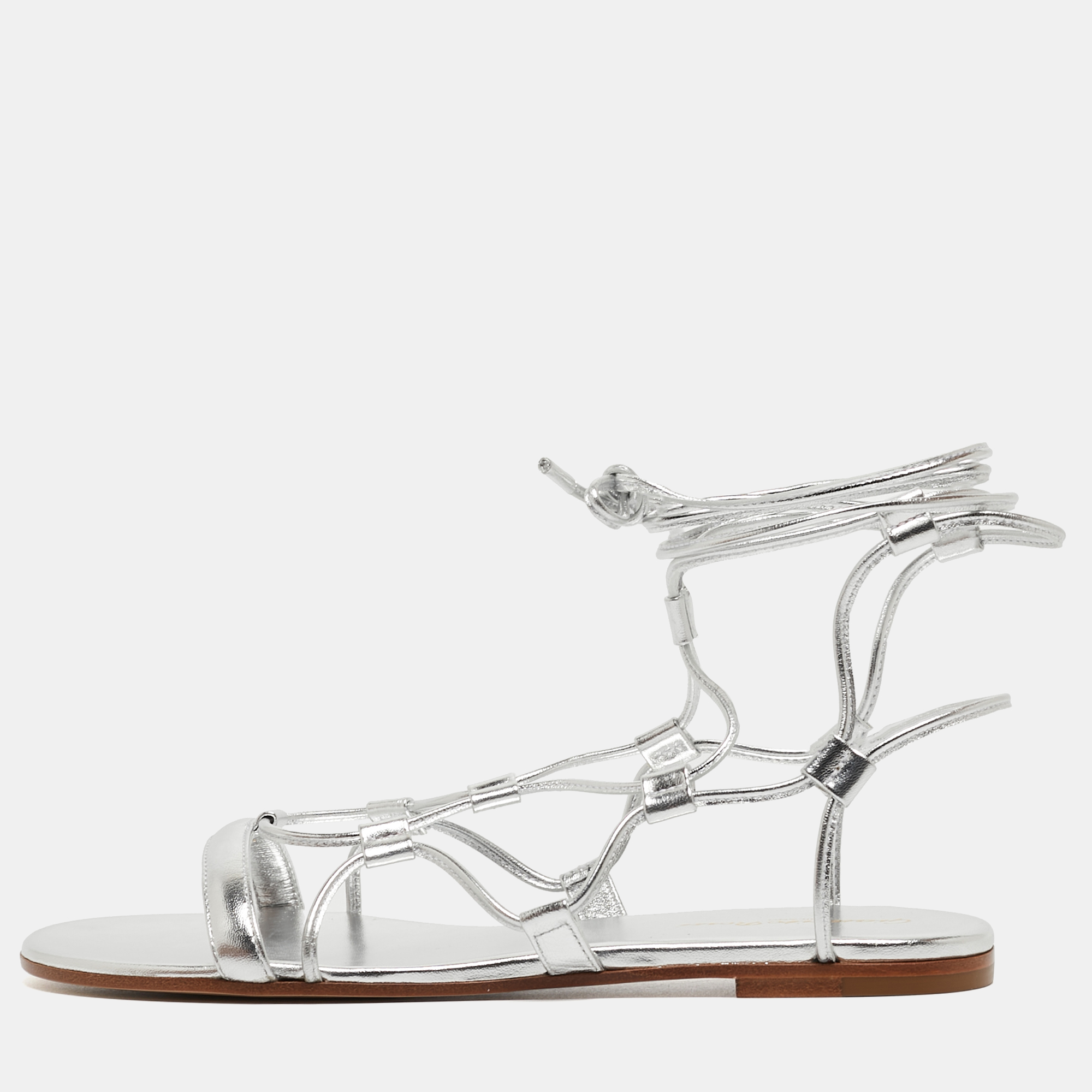 

Gianvito Rossi Silver Leather Ankle Wrap Flat Sandals Size