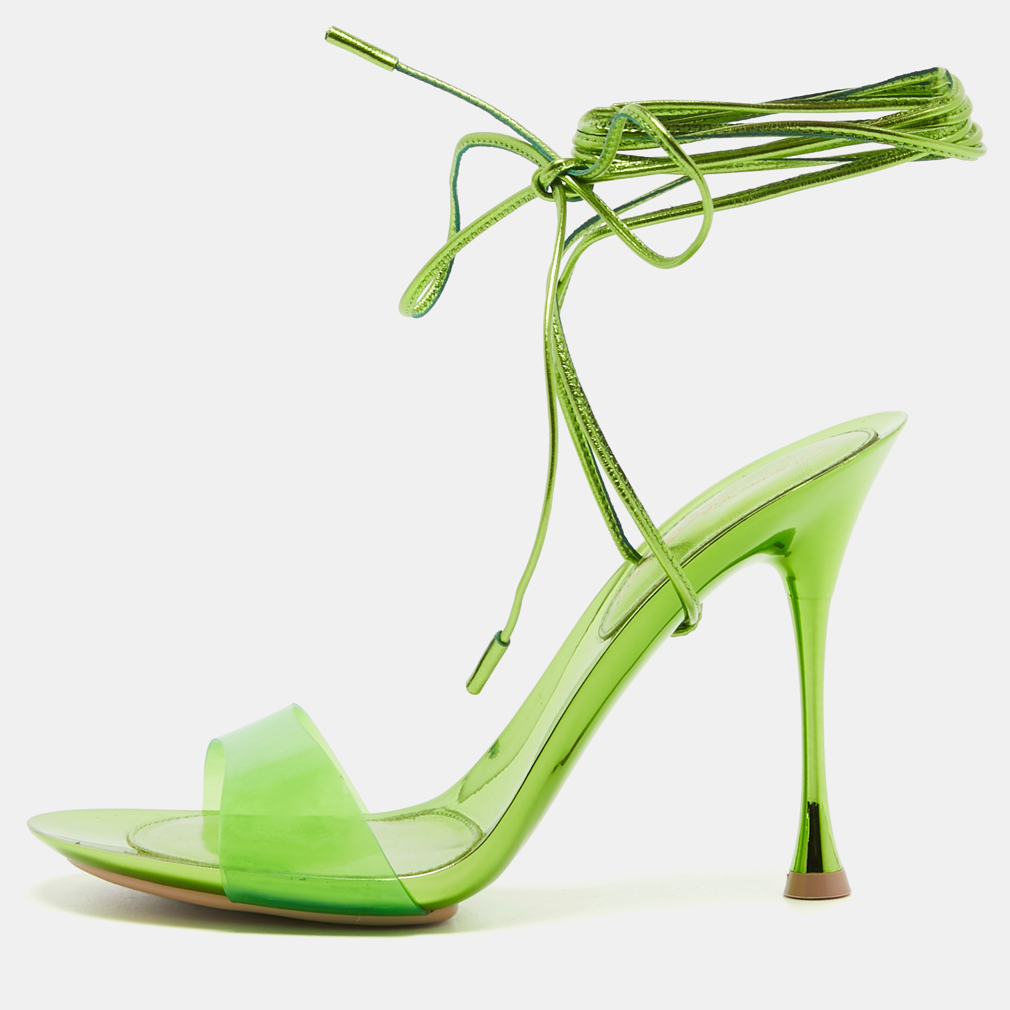 

Gianvito Rossi Green PVC and Leather Spice Ankle Tie Sandals Size
