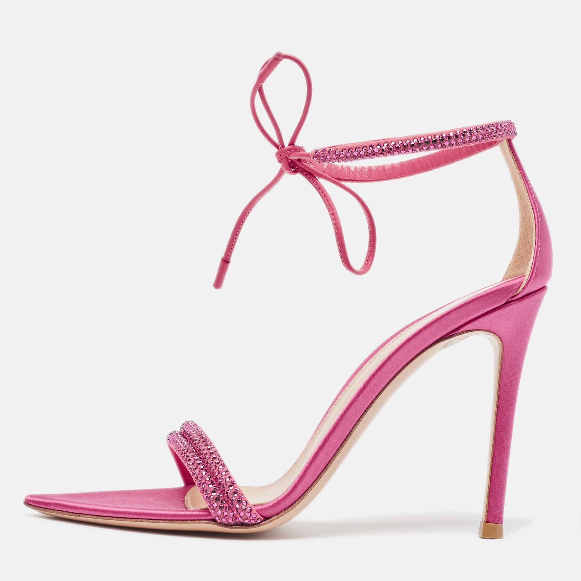 

Gianvito Rossi Pink Satin Embellished Montecarlo Sandals Size