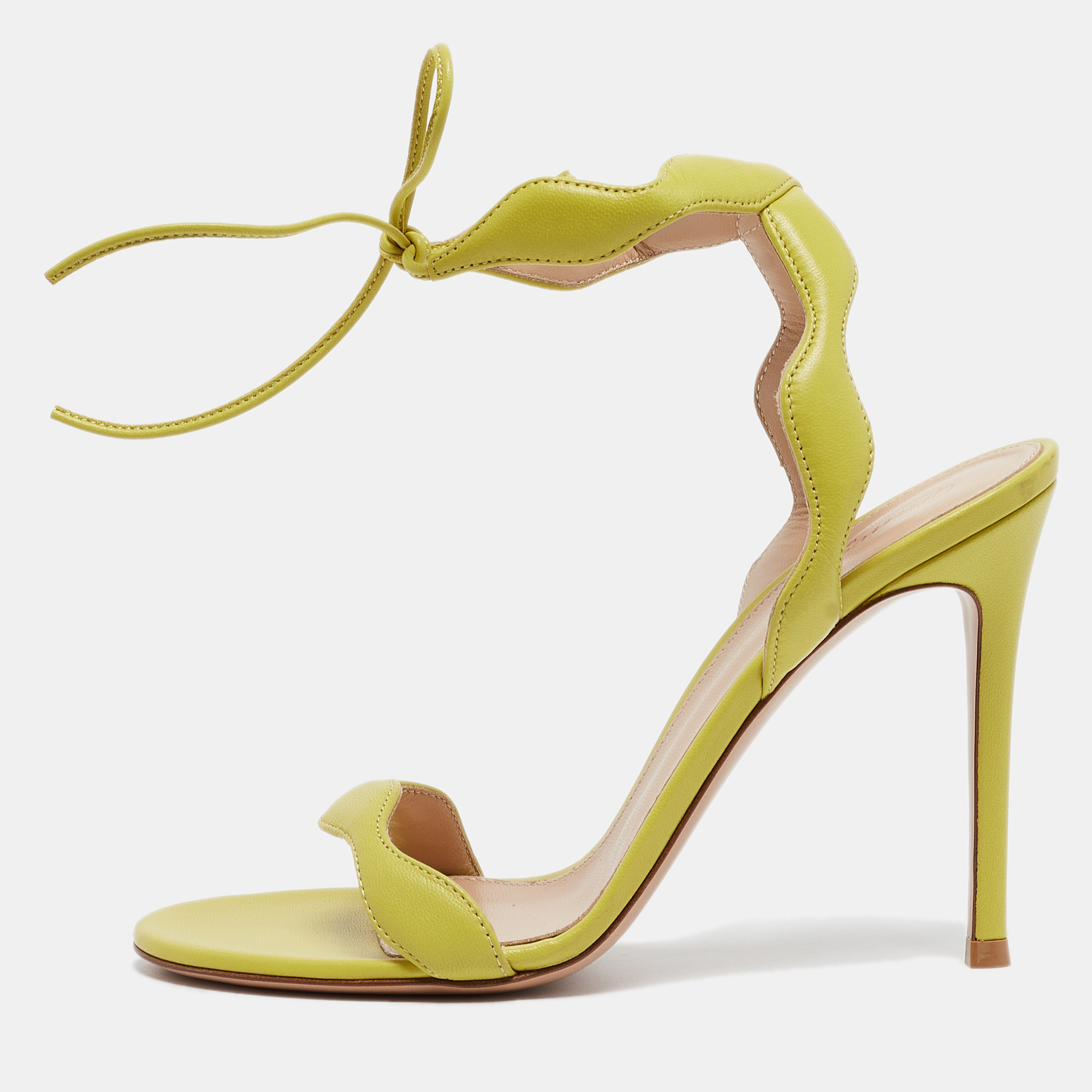 

Gianvito Rossi Light Green Leather Wavy Ankle Tie Sandals Size