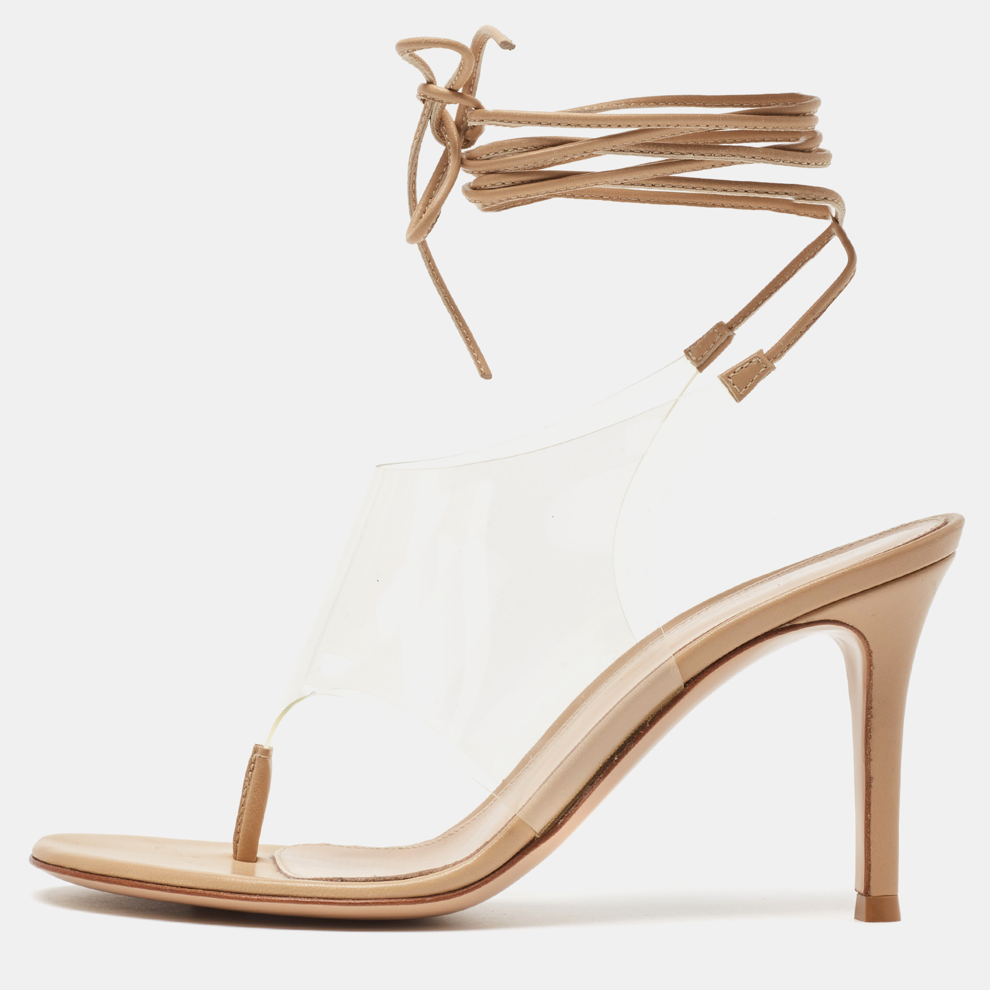 

Gianvito Rossi Beige Leather and PVC Plexi Thong Wrap Sandals Size