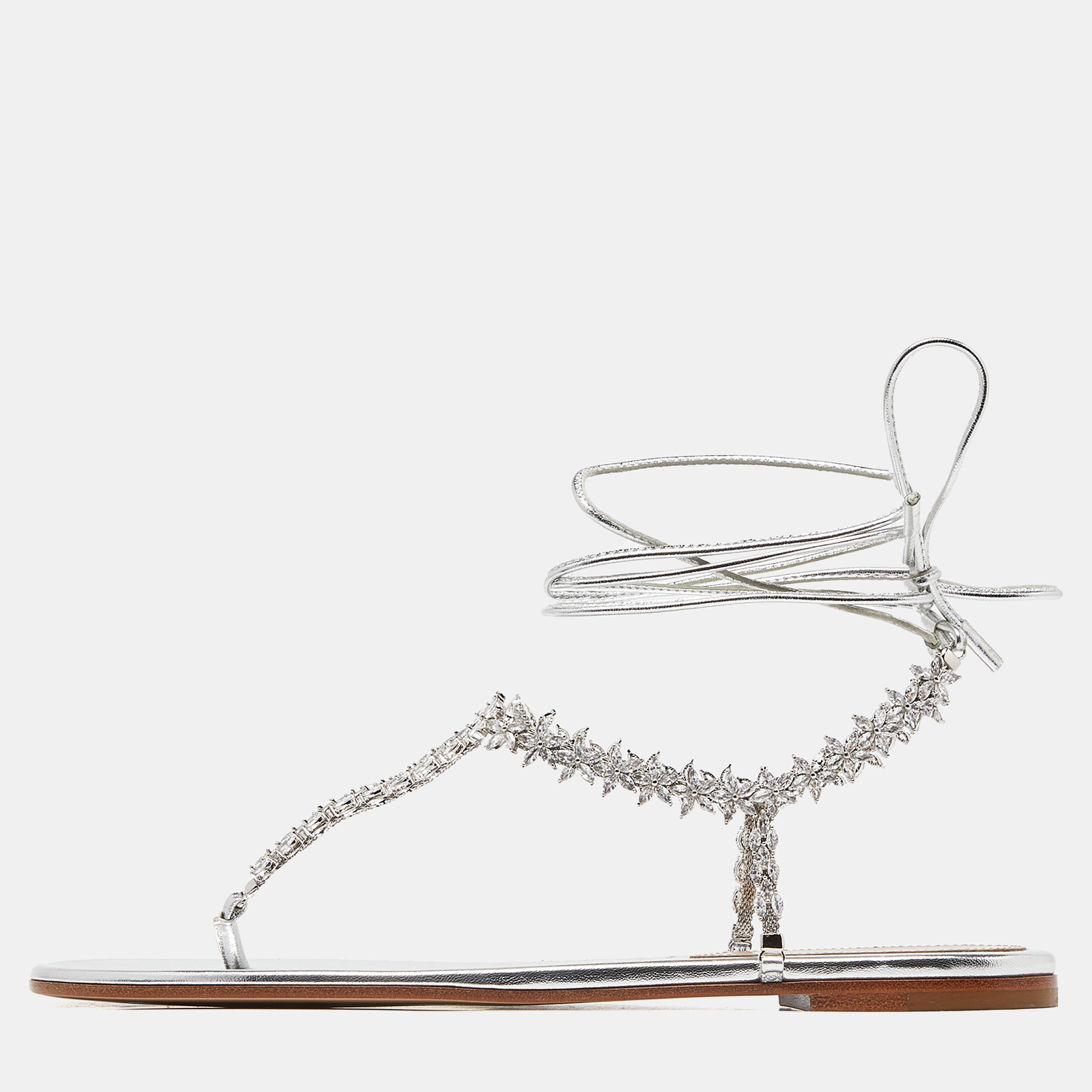 

Gianvito Rossi Silver Leather Ankle Wrap Thong Sandals Size