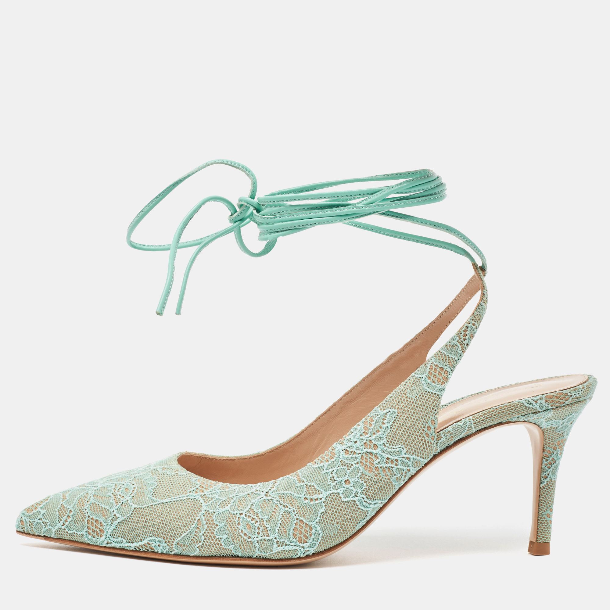 

Gianvito Rossi Mint Green Lace Ankle Wrap Slingback Pumps Size