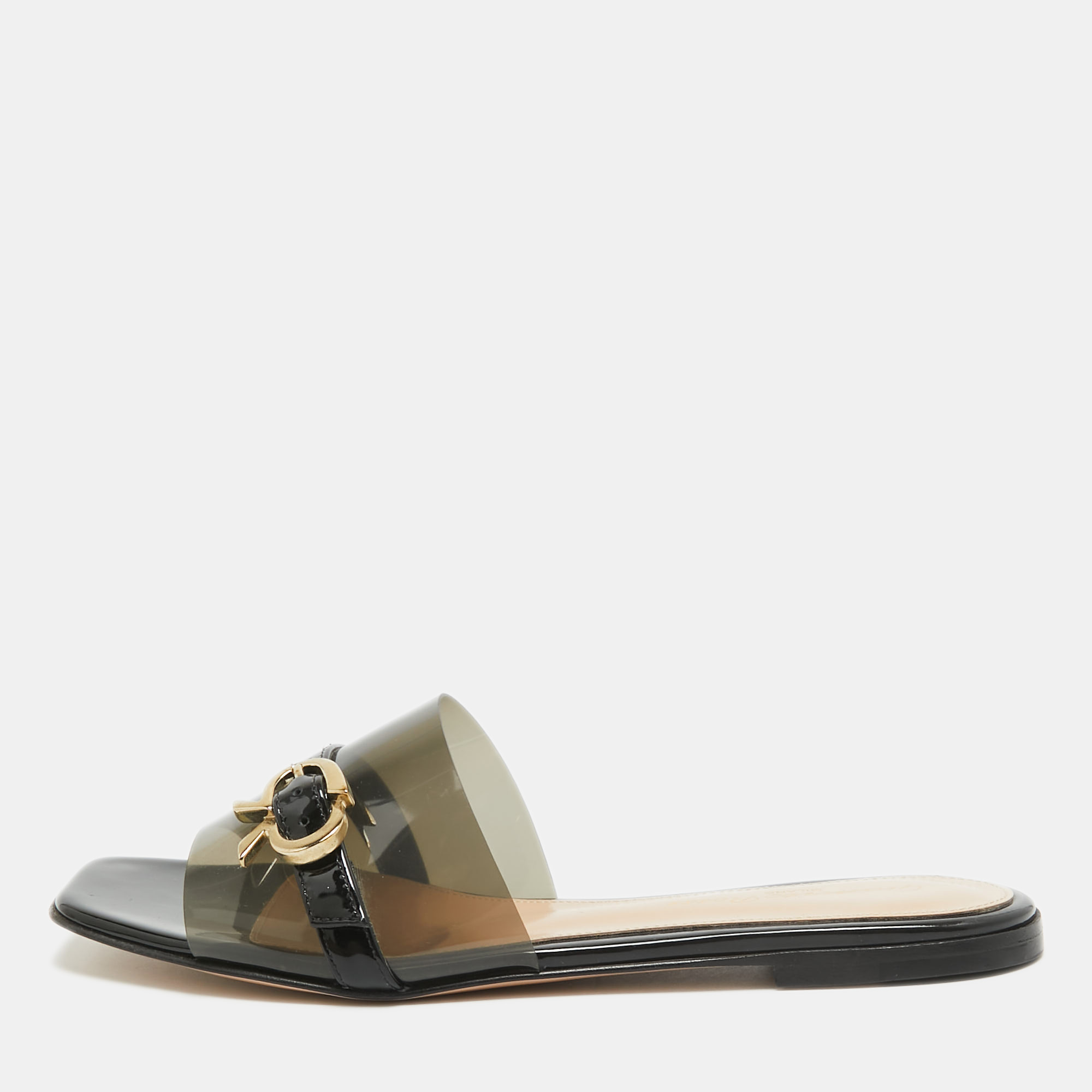 

Gianvito Rossi Black PVC and Leather Flat Slides Size