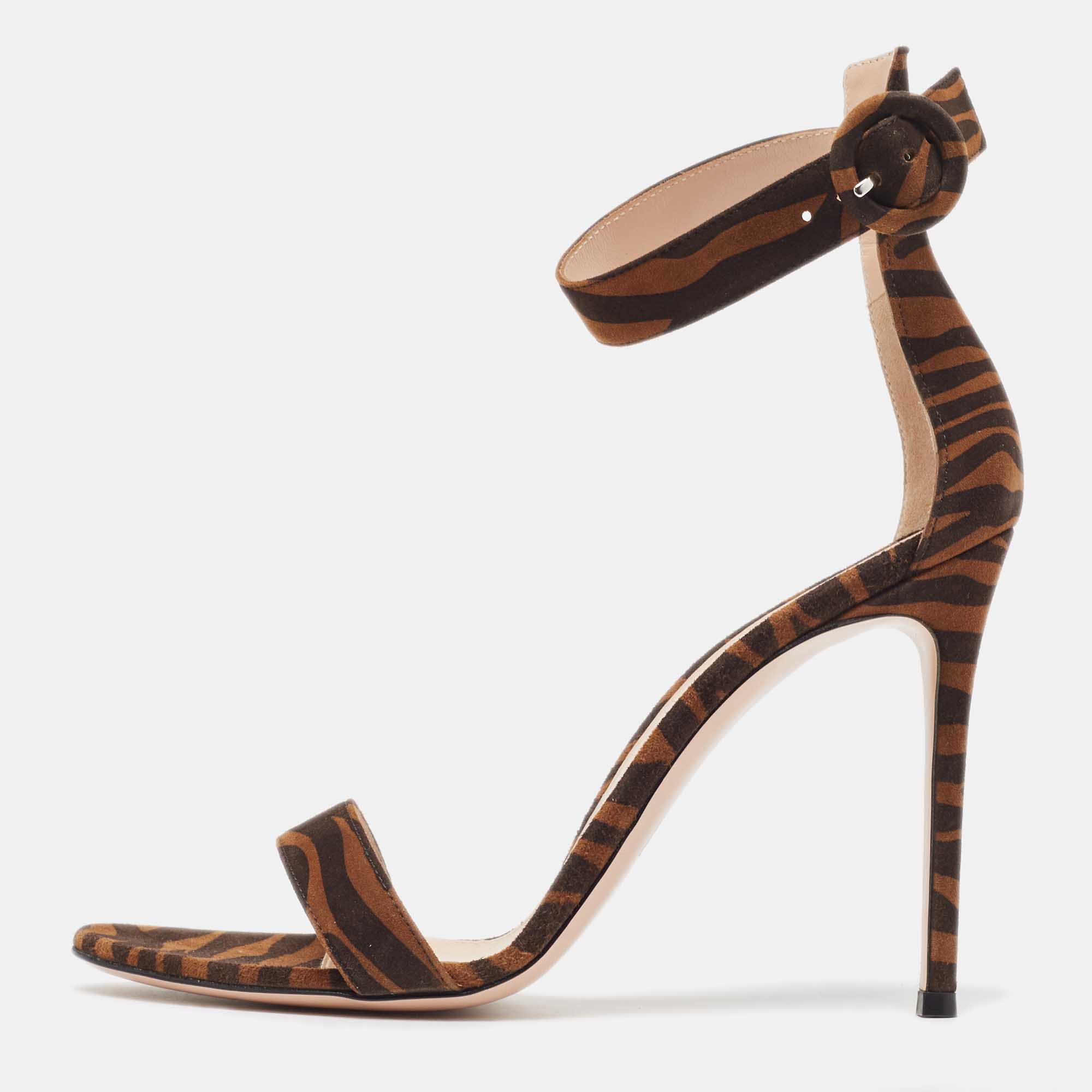 Pre-owned Gianvito Rossi Brown/black Zebra Print Suede Portofino Sandals Size 41
