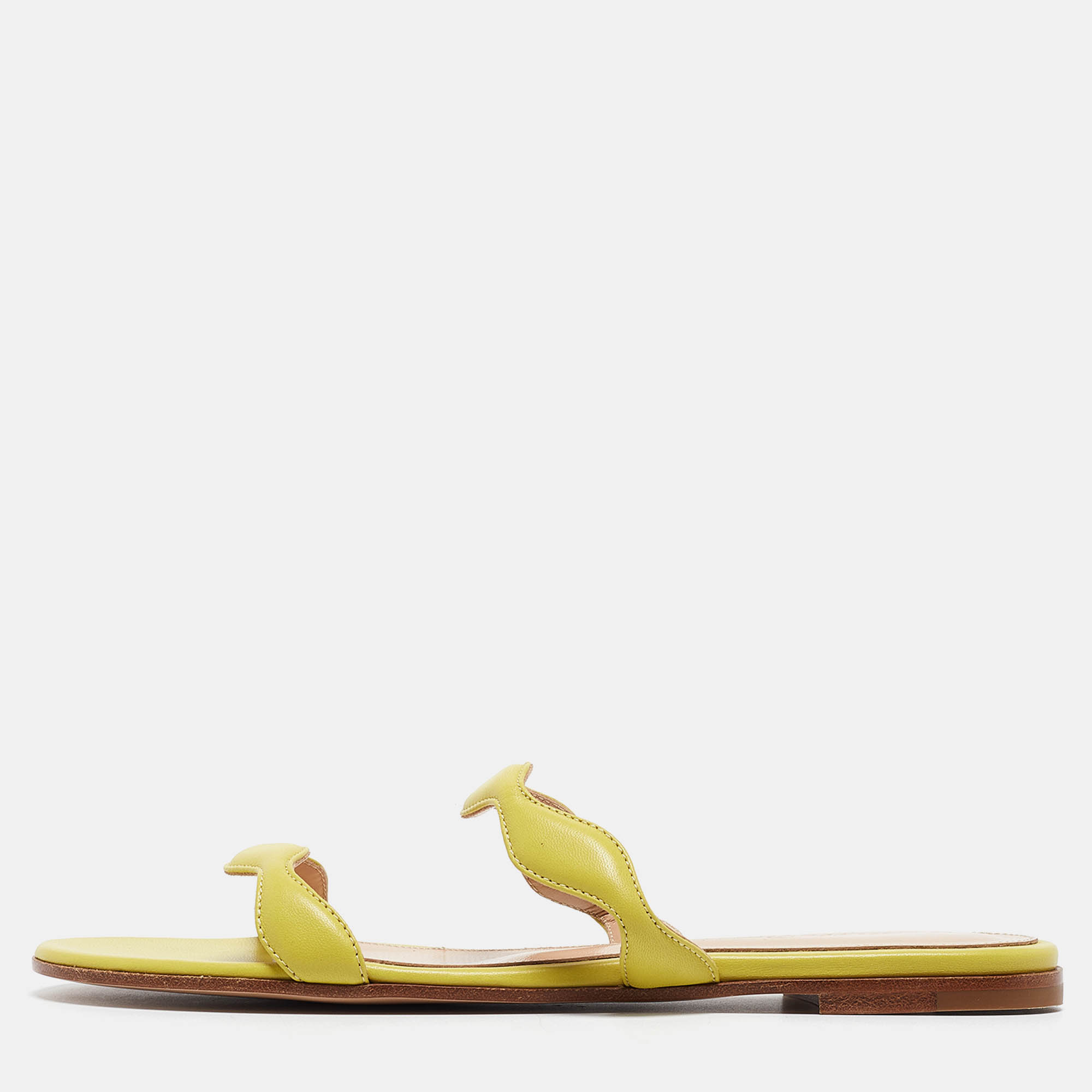 Pre-owned Gianvito Rossi Yellow Leather Wavy Flat Slides Size 37