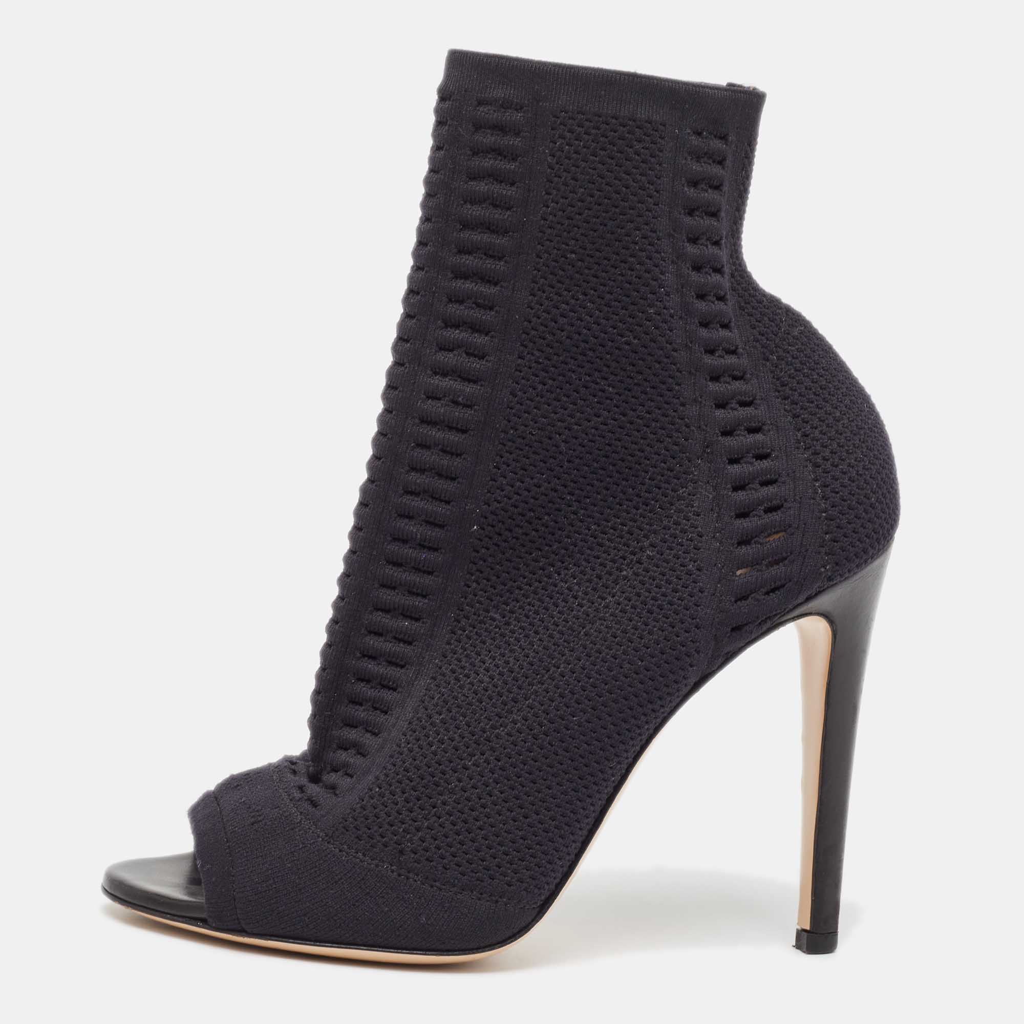 

Gianvito Rossi Black Knit Fabric Open Toe Ankle Length Boots Size