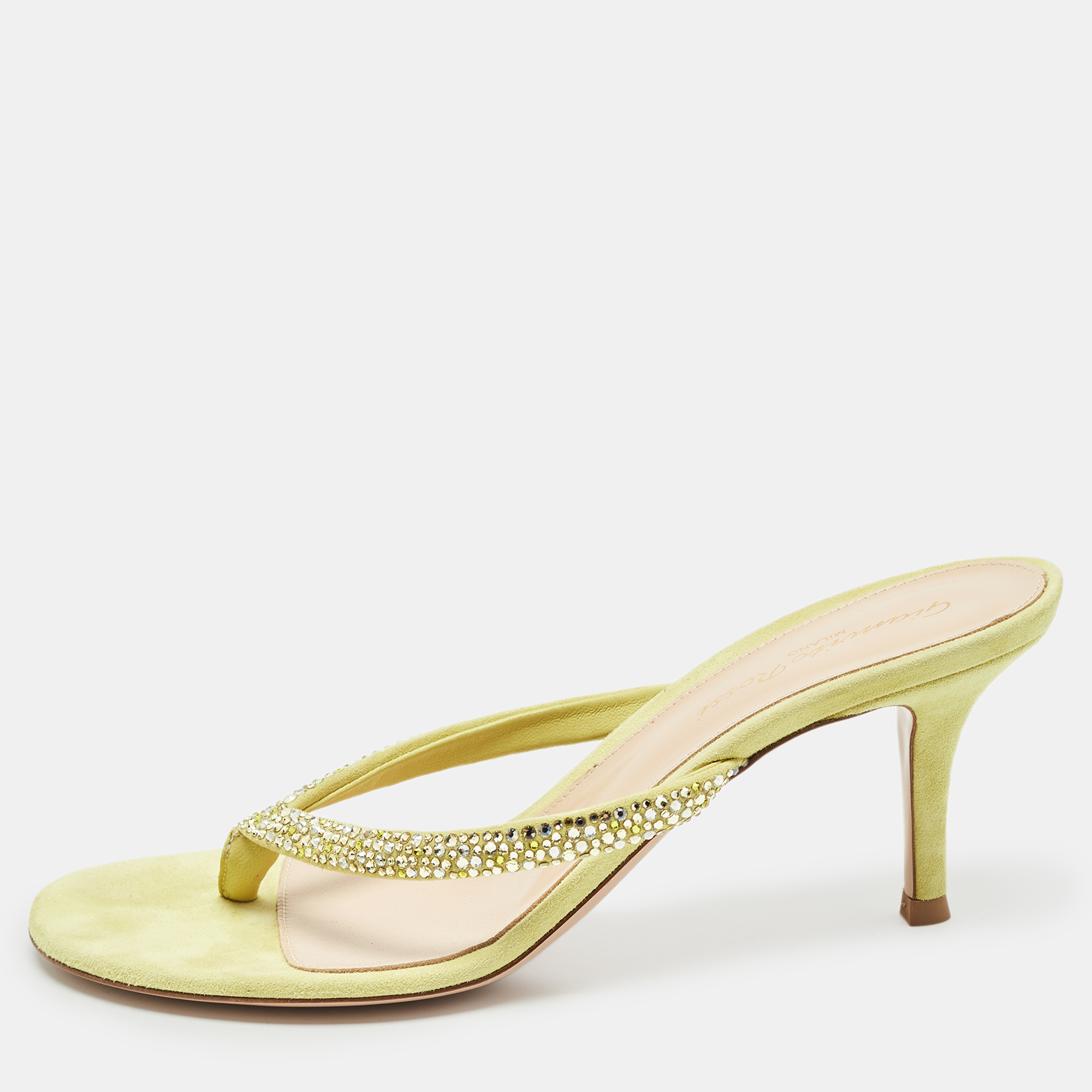 

Gianvito Rossi Yellow Crystal Embellished Suede Thong Sandals Size