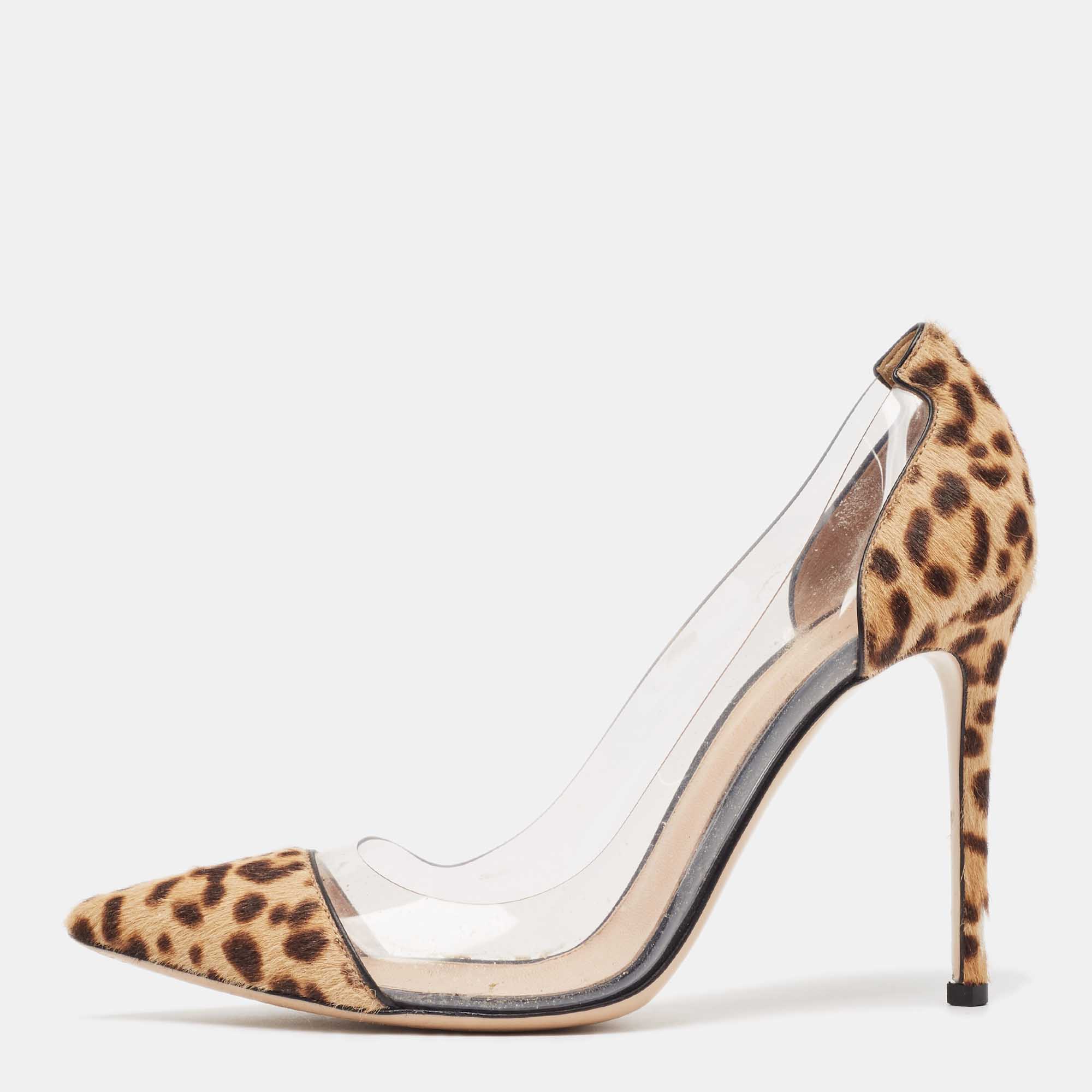 

Gianvito Rossi Brown/Beige Leopard Print Calf Hair and PVC Plexi Pumps Size