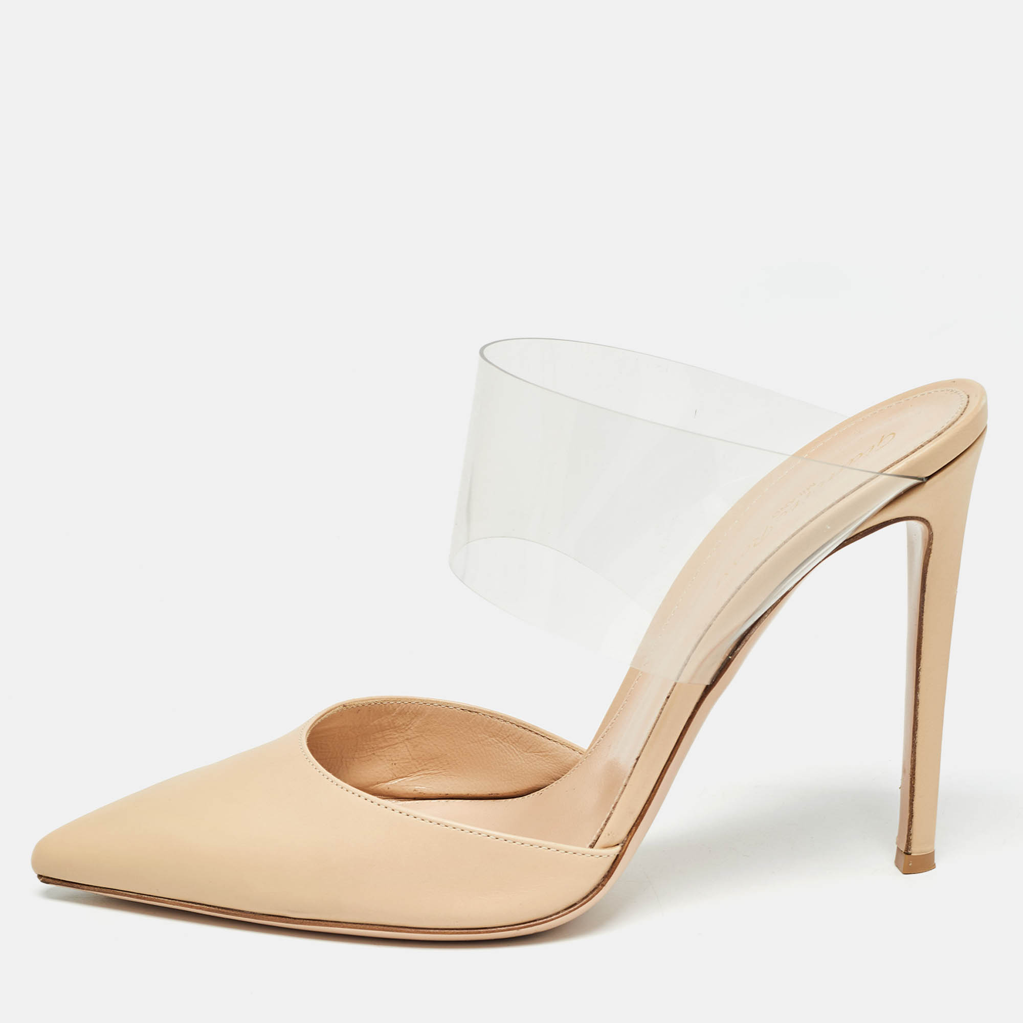 

Gianvito Rossi Beige/Transparent Leather and PVC Virtua Pointed Toe Mules Size