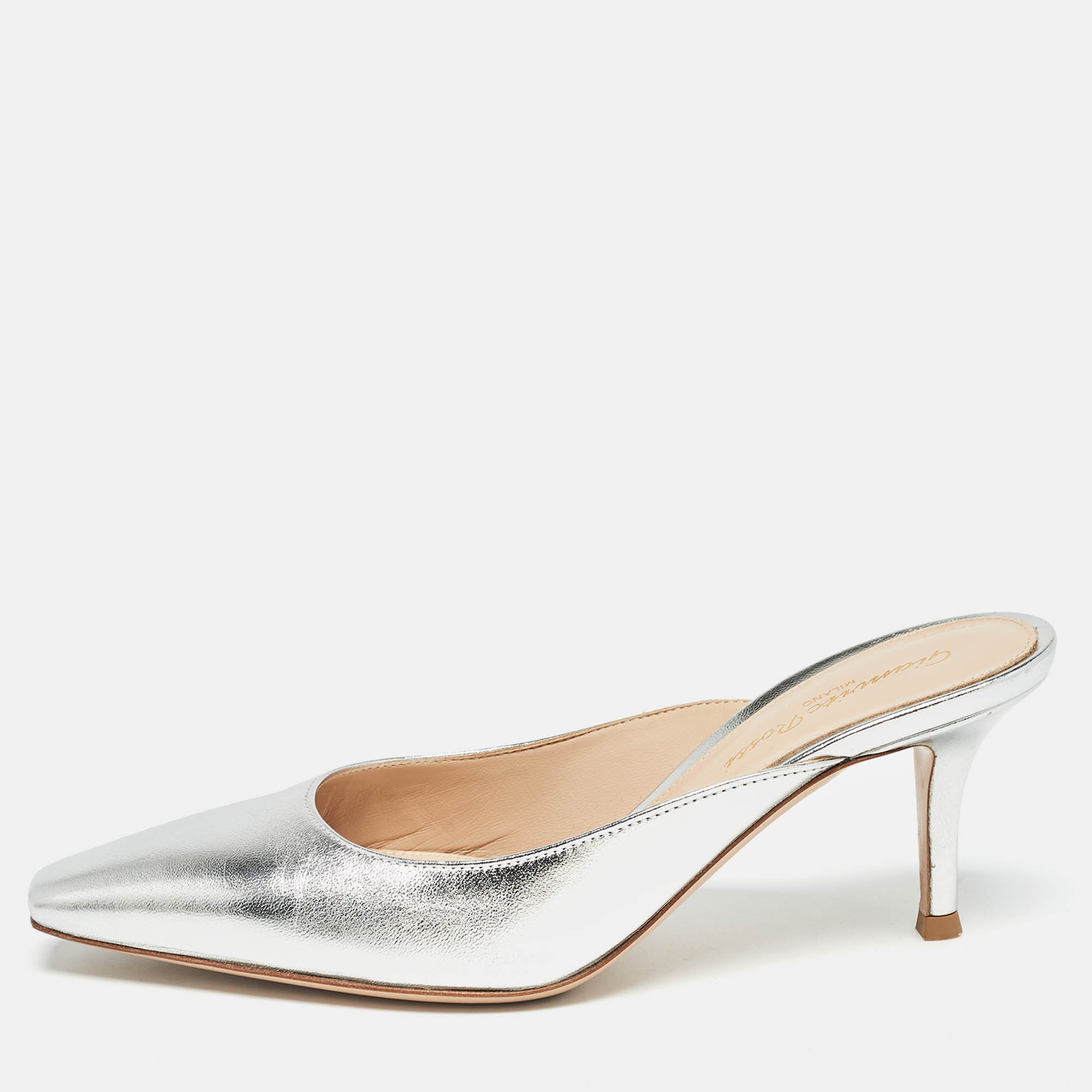 

Gianvito Rossi Silver Leather Lindsay Mules Size