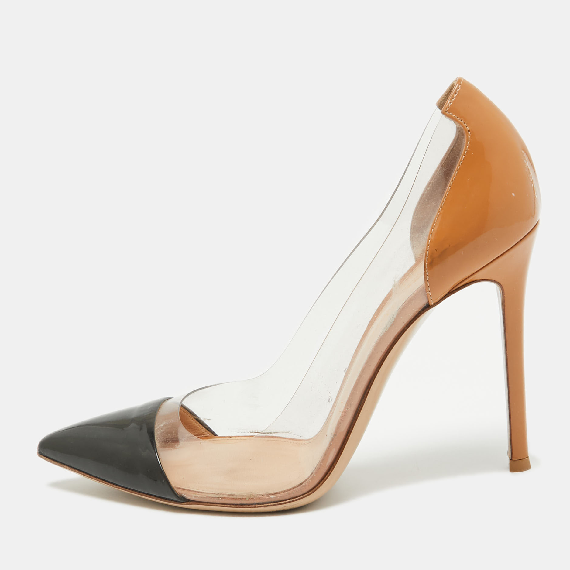 

Gianvito Rossi Nude/Black Patent Leather And PVC Plexi Pointed Toe Pumps Size, Brown