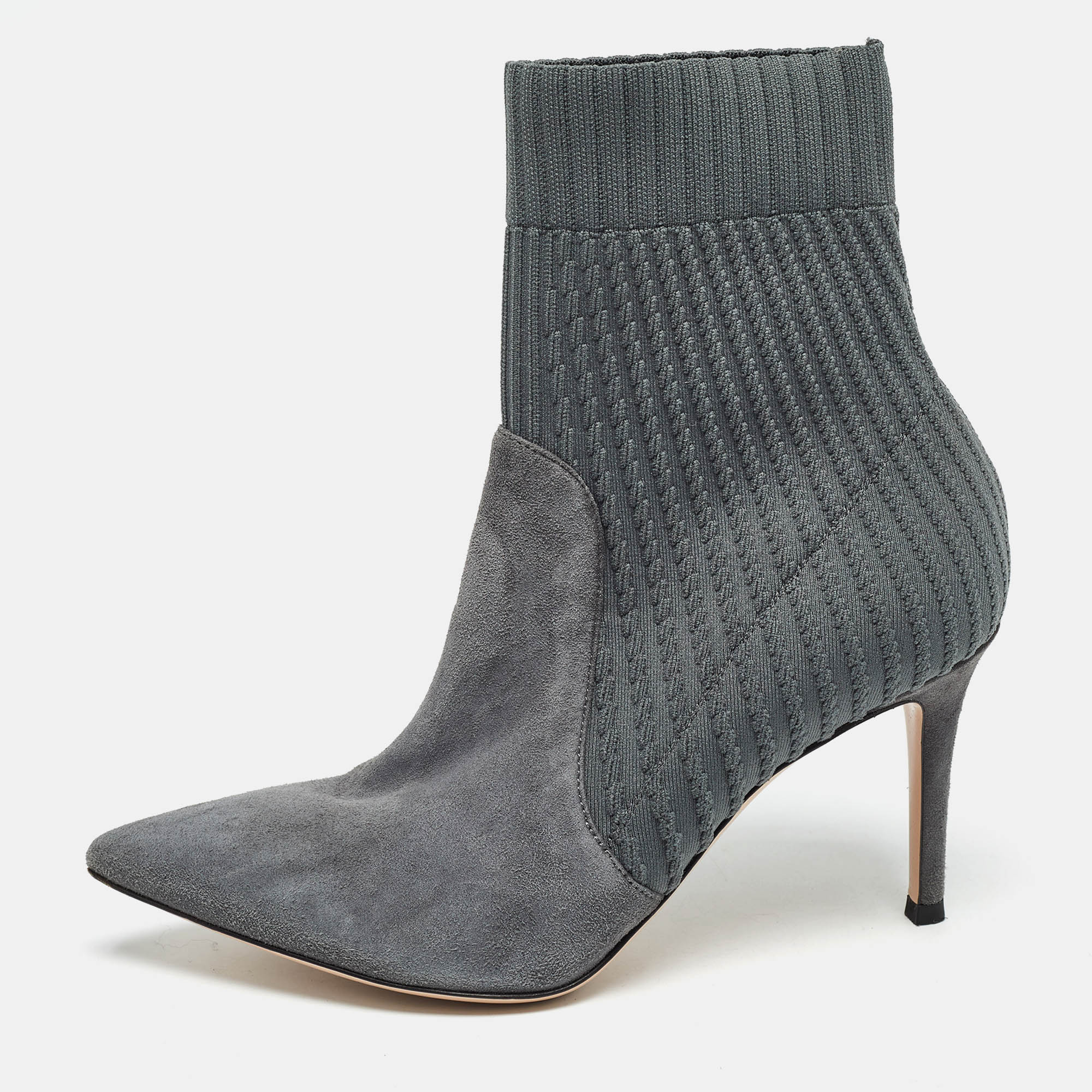 Pre-owned Gianvito Rossi Grey Knit Fabric And Suede Katie Ankle Boots Size 36.5