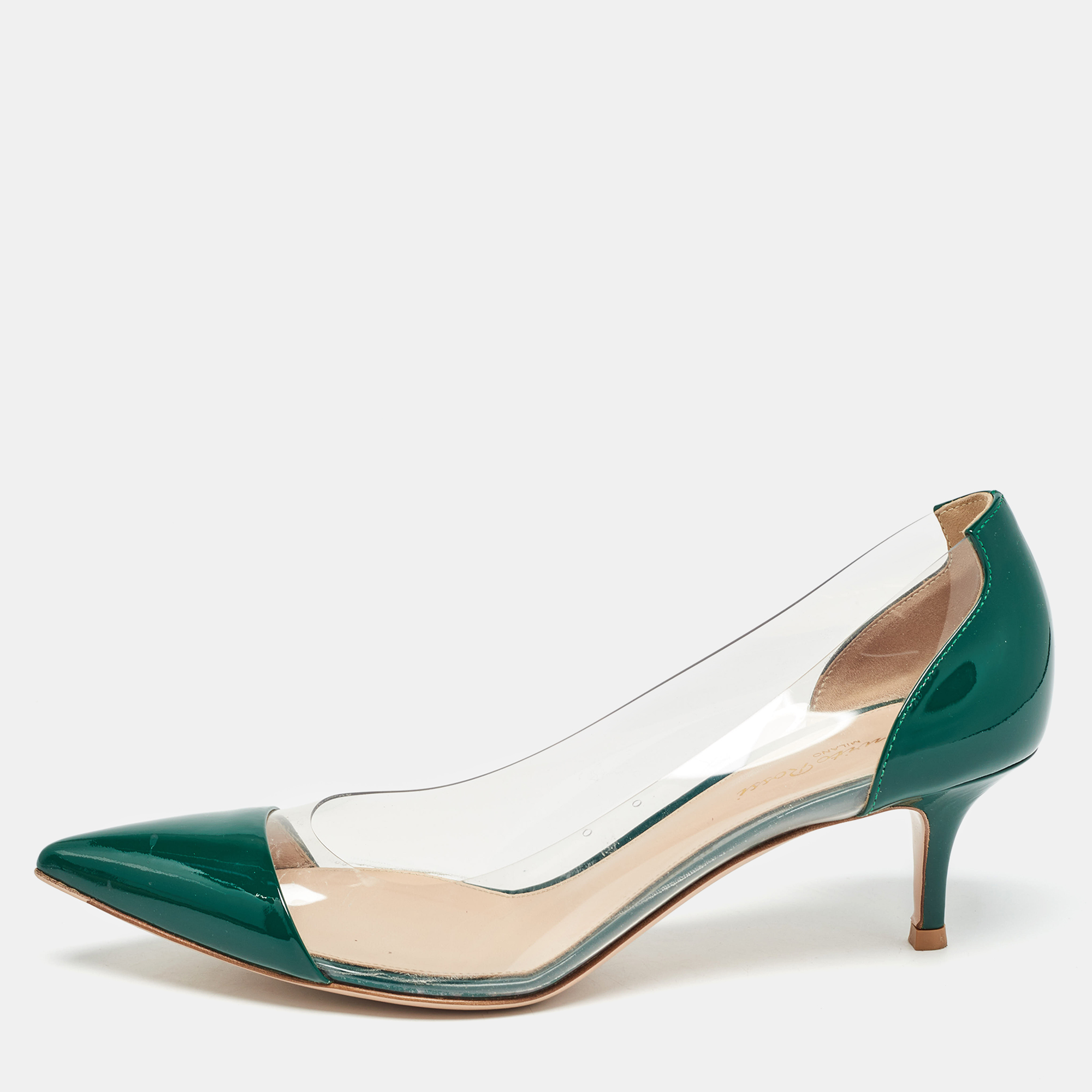 Pre-owned Gianvito Rossi Green/transparent Patent And Pvc Plexi Pumps Size 39