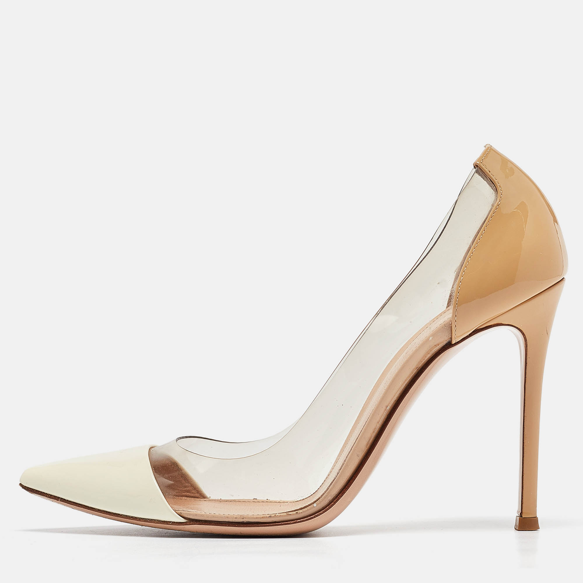 

Gianvito Rossi Off White/Beige Patent Leather and PVC Plexi Pumps Size