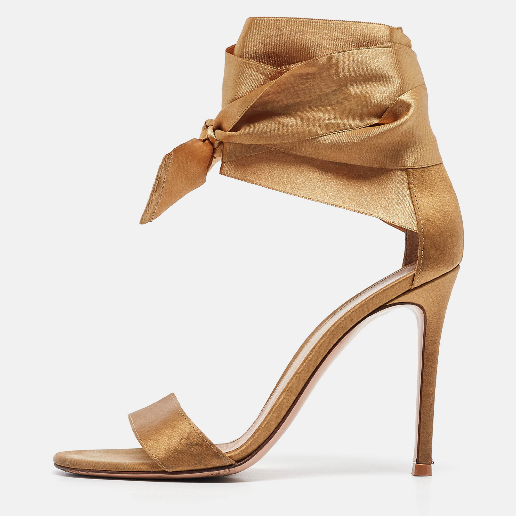 

Gianvito Rossi Gold Satin Gala Ankle Wrap Sandals Size