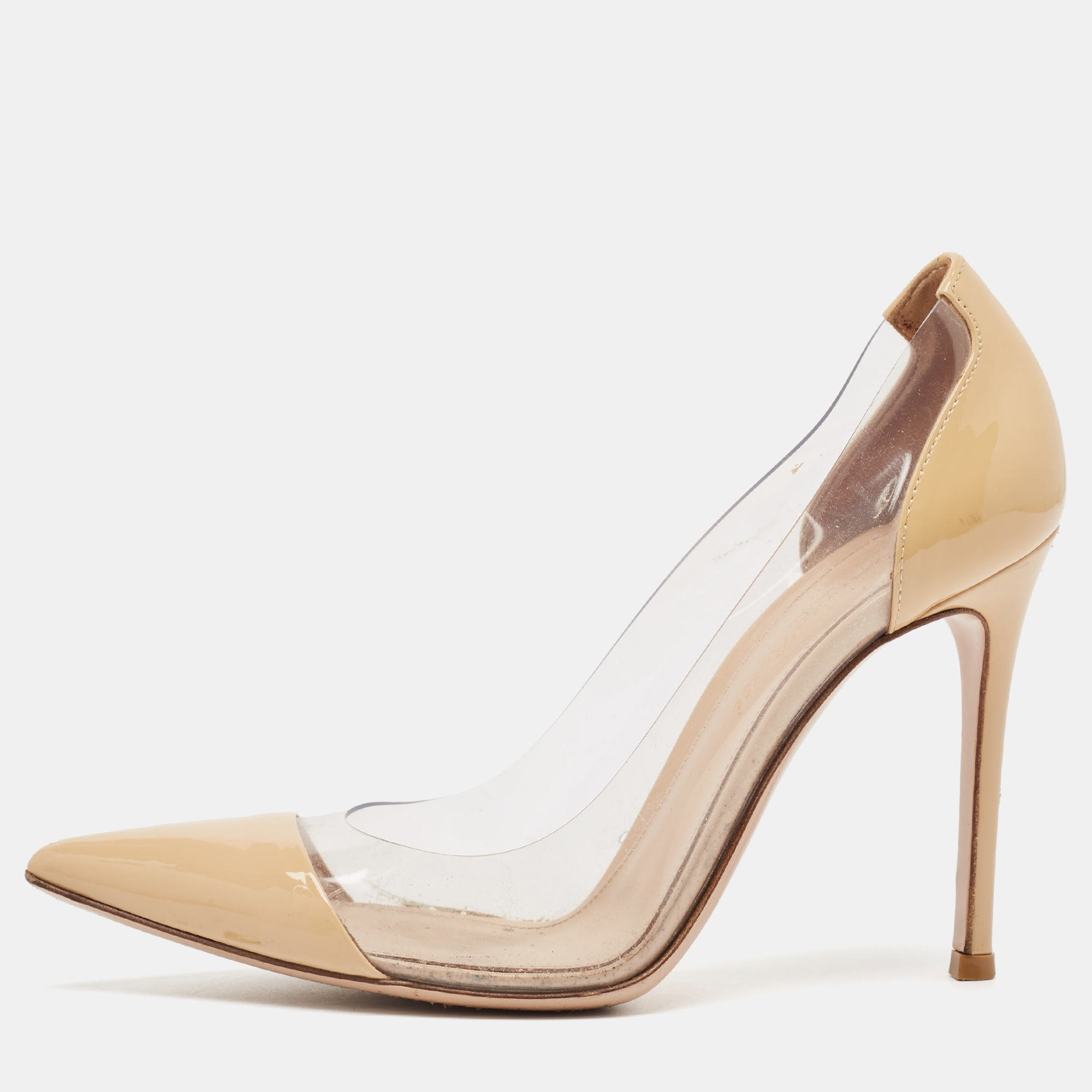 

Gianvito Rossi Beige Patent and PVC Plexi Pumps Size