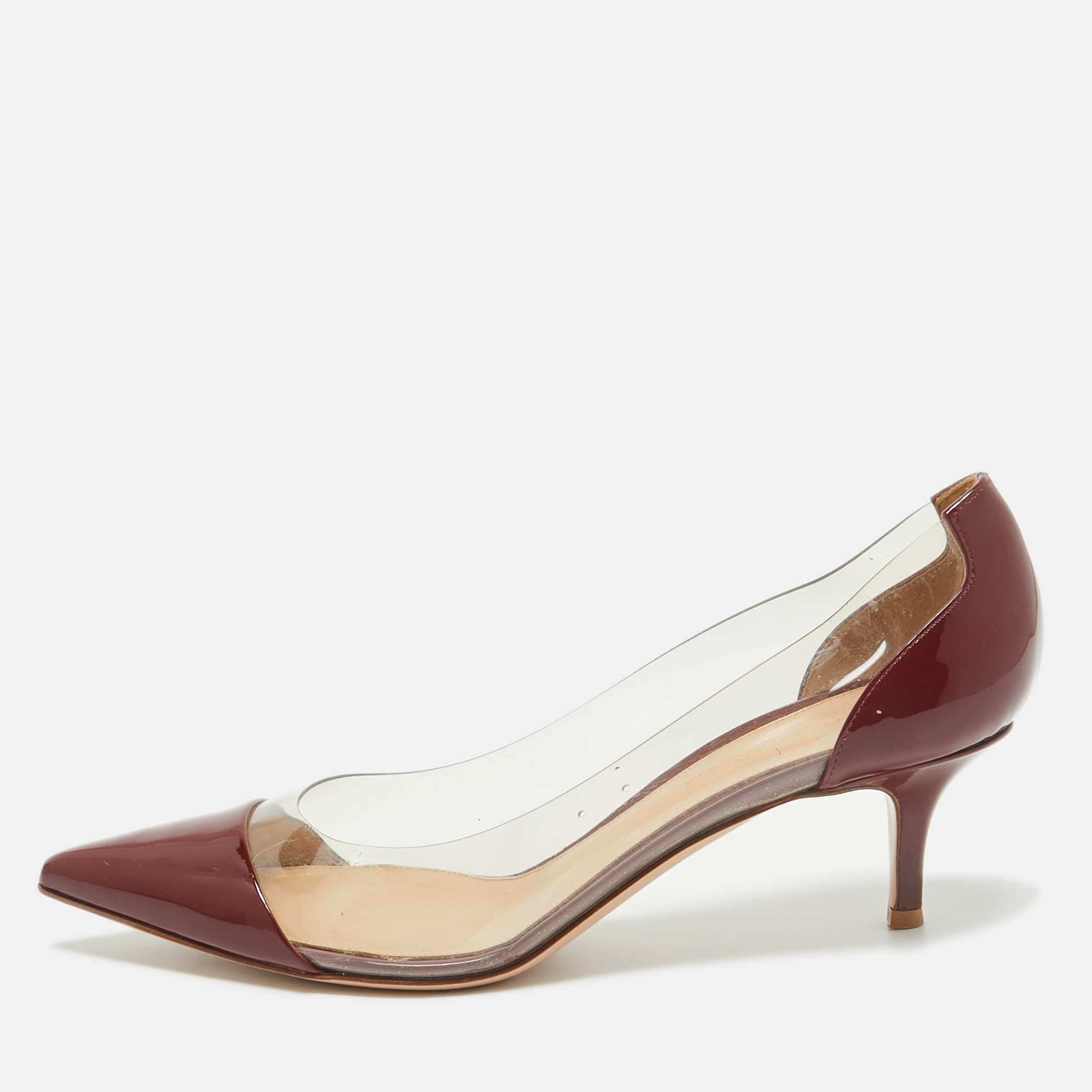 Pre-owned Gianvito Rossi Burgundy Patent Leather And Pvc Plexi Pointed Toe Pumps Size 38.5