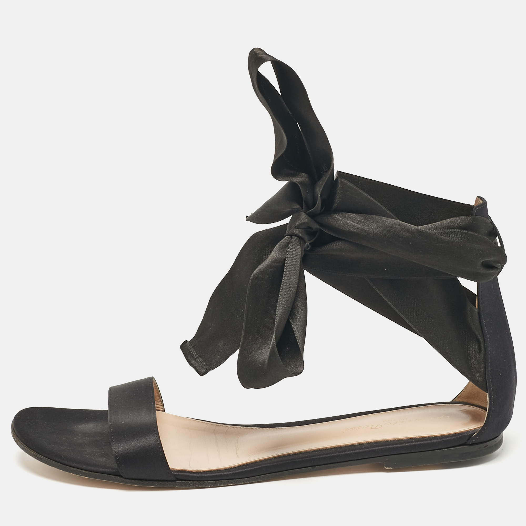 

Gianvito Rossi Black Satin Ankle Tie Flat Sandals Size