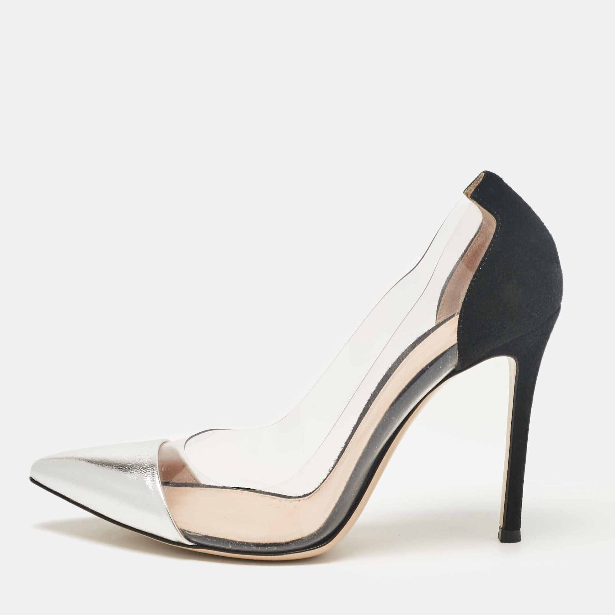 

Gianvito Rossi Silver/Black Leather, Suede and PVC Plexi Pumps Size